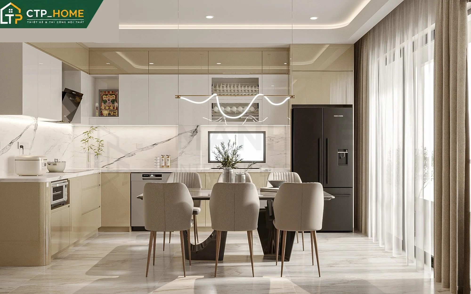 Khu vực bếp ăn liên thông phòng khách trong nhà phố 3 tầng