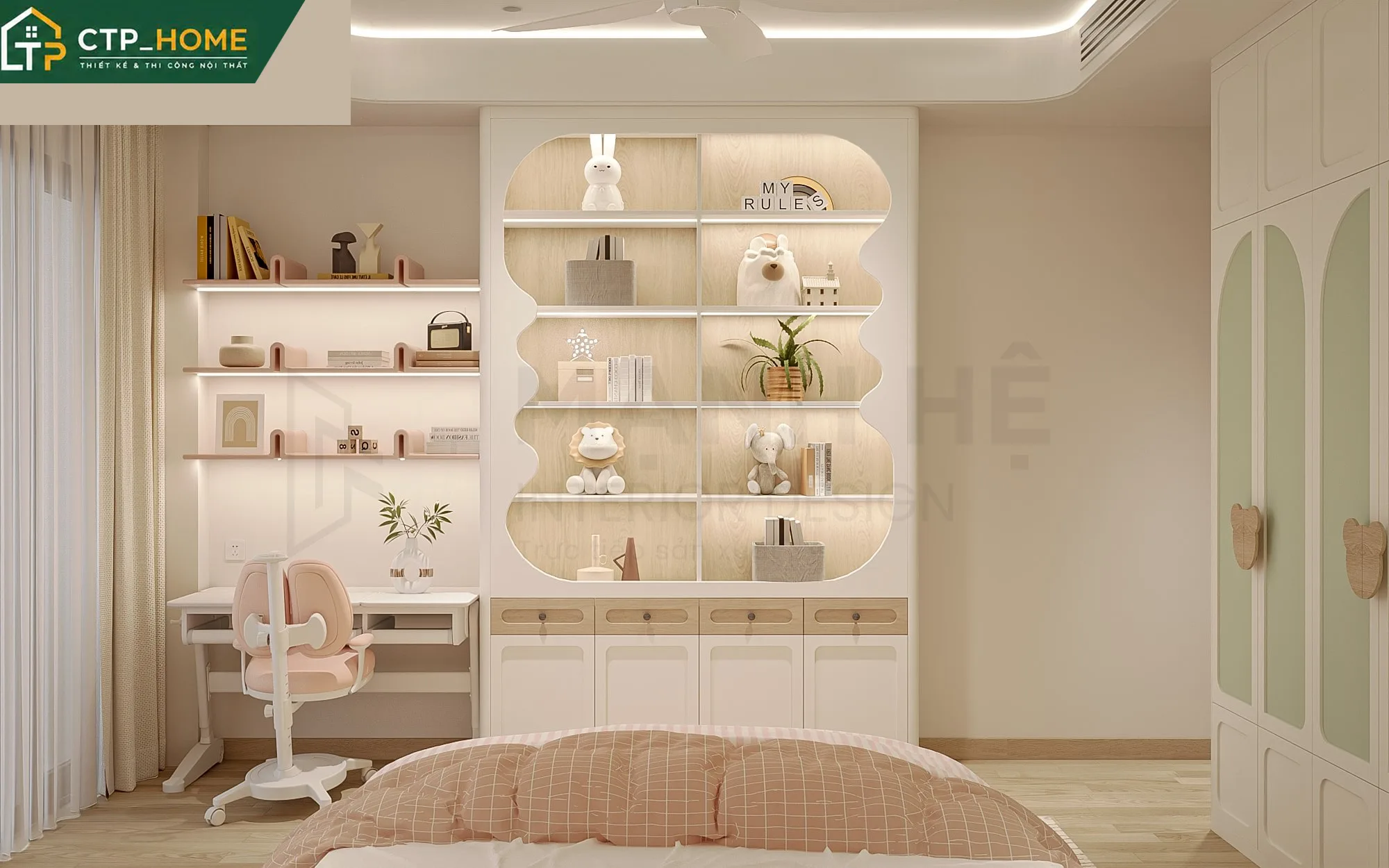 Bếp hiện đại nhà phố Tân Phú với tủ bếp cao cấp, mặt đá nhân tạo và hệ thống hút mùi âm trần