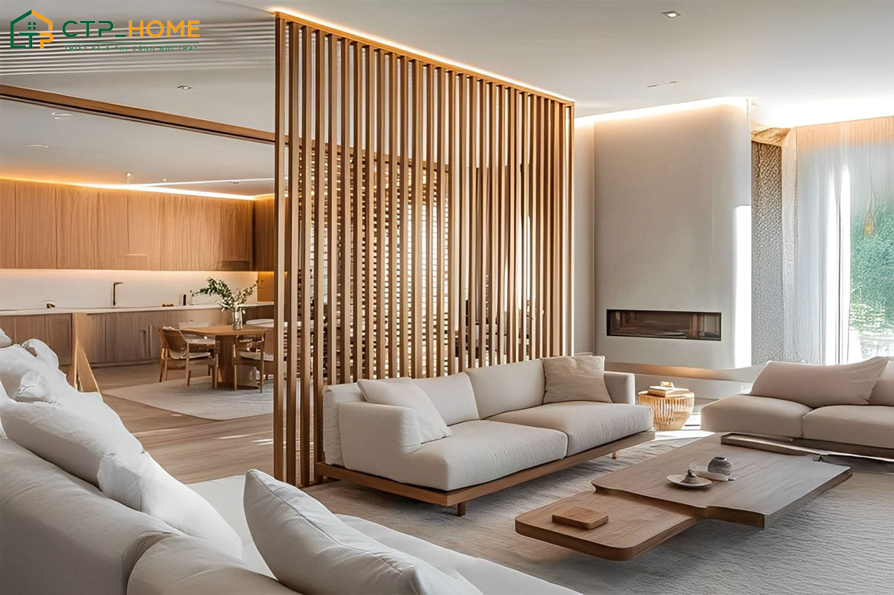 Mẫu thiết kế phòng khách đẹp chung cư sử dụng vách ngăn giúp đảm bảo được sự riêng tư