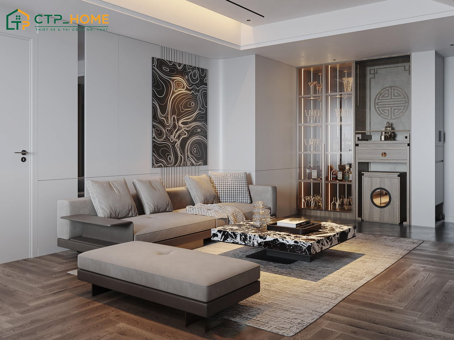 Trang trí phòng khách chung cư hiện đại có bàn thờ để tiết kiệm diện tích