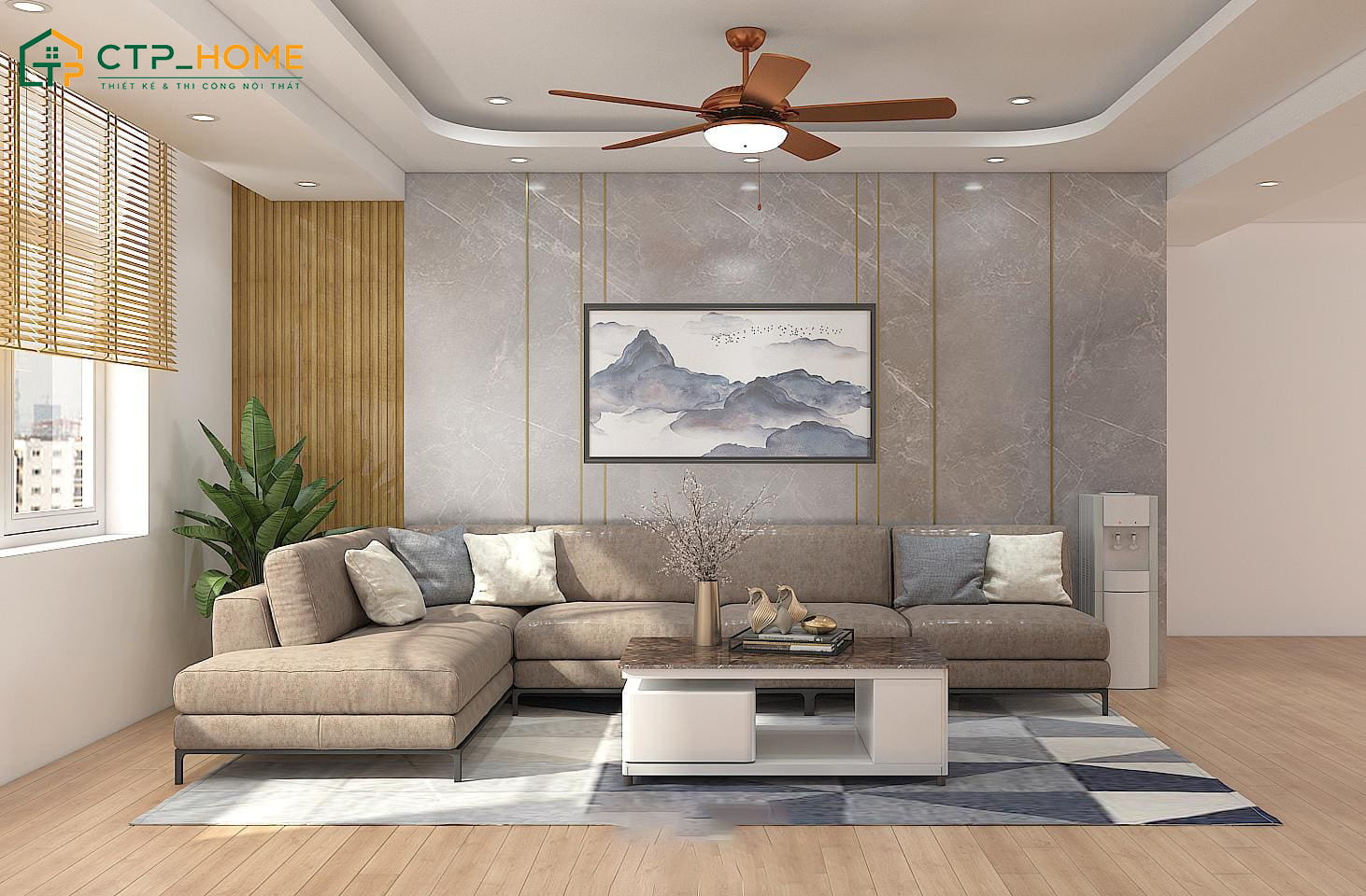Sử dụng quạt trần để decor phòng khách chung cư sang trọng