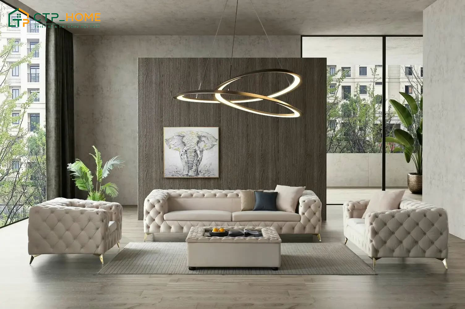 Trang trí tường phòng khách chung cư cao cấp bằng tranh, đá ốp hoặc giấy dán tường