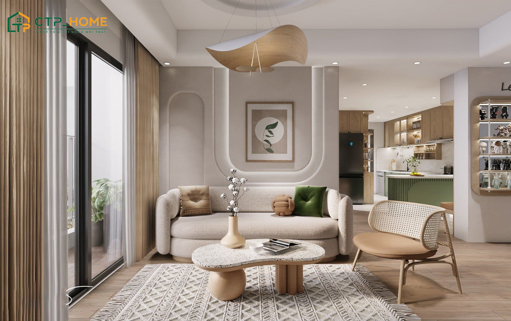 Mẫu thiết kế phòng khách chung cư đẹp phong cách Wabi Sabi cực kỳ độc đáo