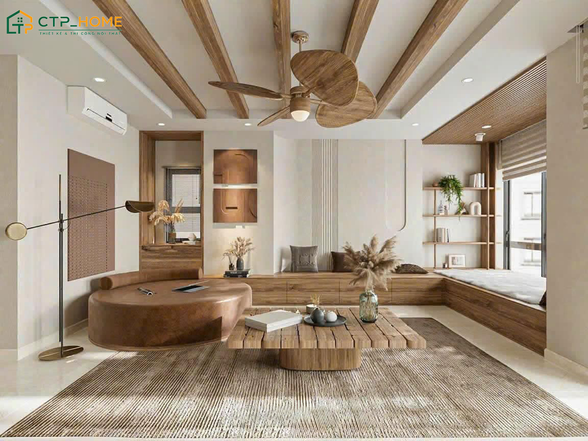 Mẫu phòng khách Wabi Sabi mang đến cảm giác thoải mái với những chất liệu an toàn