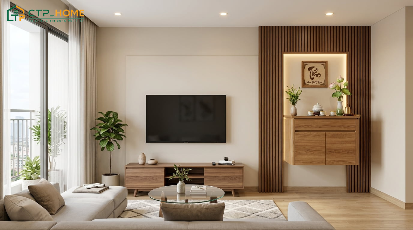 Mẫu thiết kế nội thất phòng khách nhà chung cư với bàn thờ treo tường bằng gỗ tự nhiên