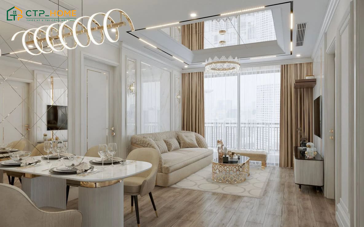 Mẫu thiết kế phòng khách chung cư cao cấp phong cách tân cổ điển sang trọng và tinh tế