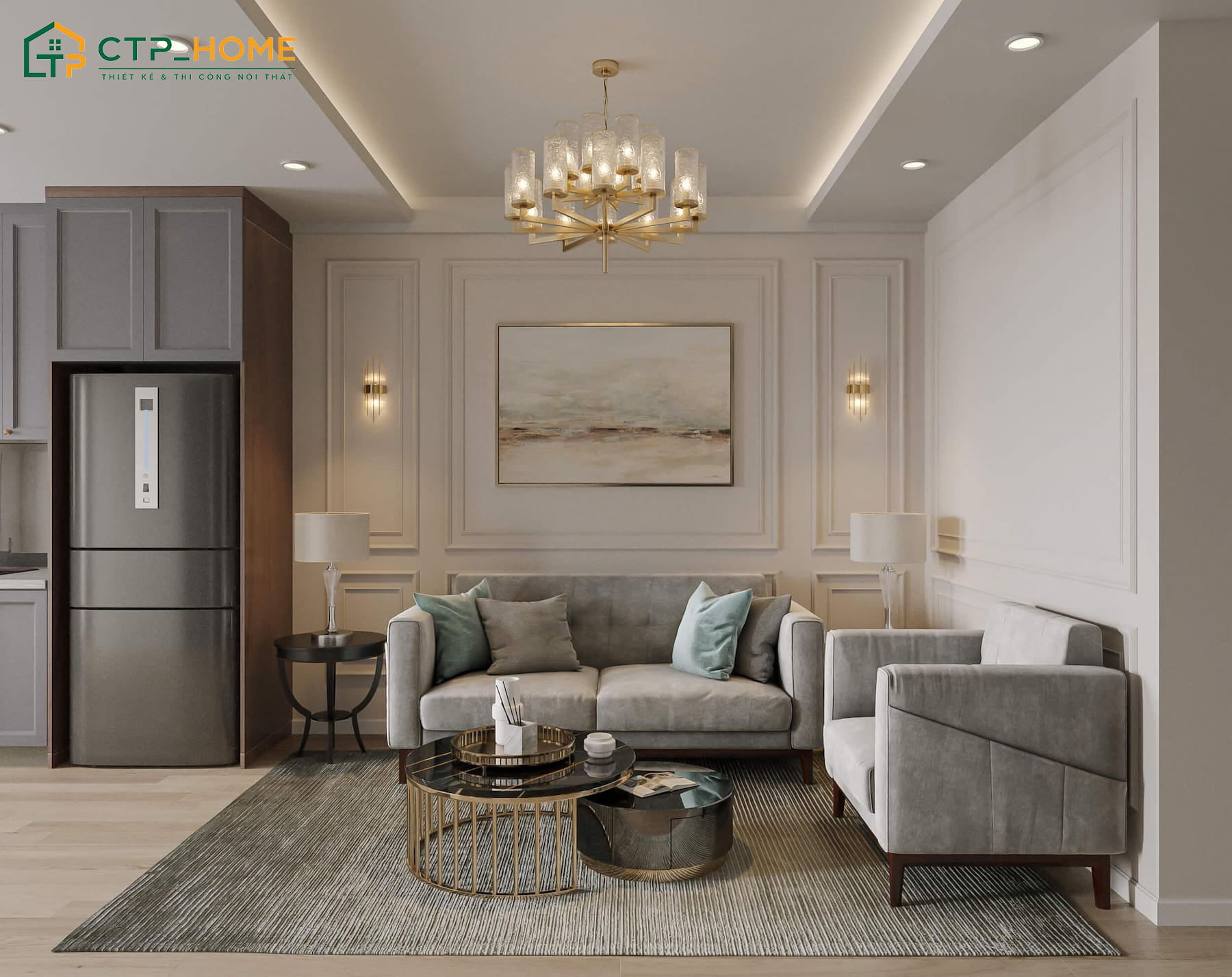 Nội thất đặc trưng của phong cách tân cổ điển với tone màu trầm ấm và hoa văn mềm mại