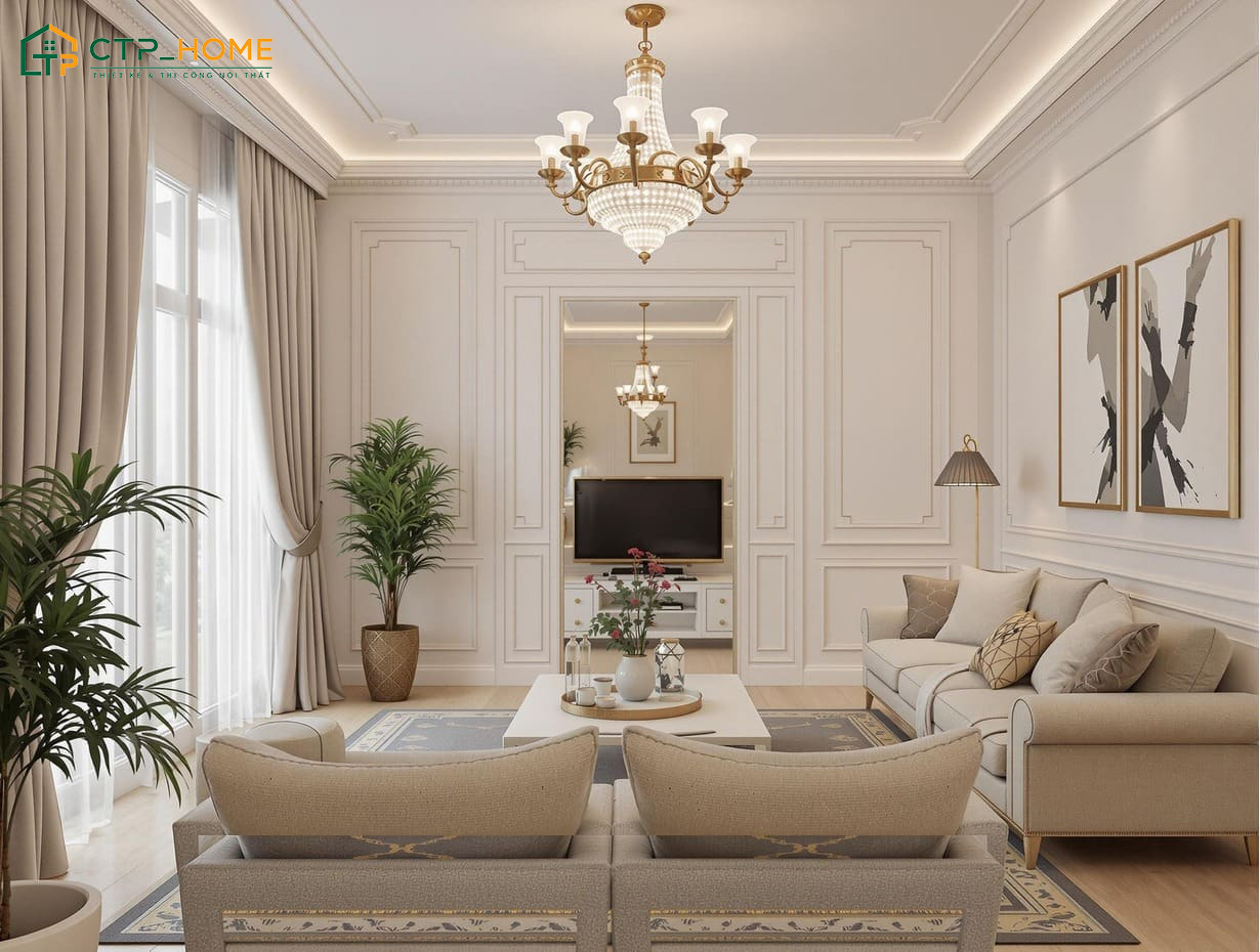 Mẫu thiết kế phòng khách căn hộ đẹp phong cách tân cổ điển sẽ sử dụng nội thất có giá thành cao
