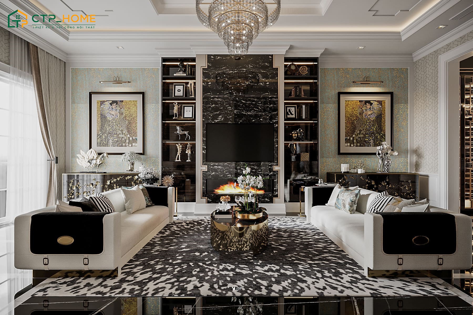 Tranh treo tường nghệ thuật được sử dụng để tạo điểm nhấn cho không gian phòng khách Luxury