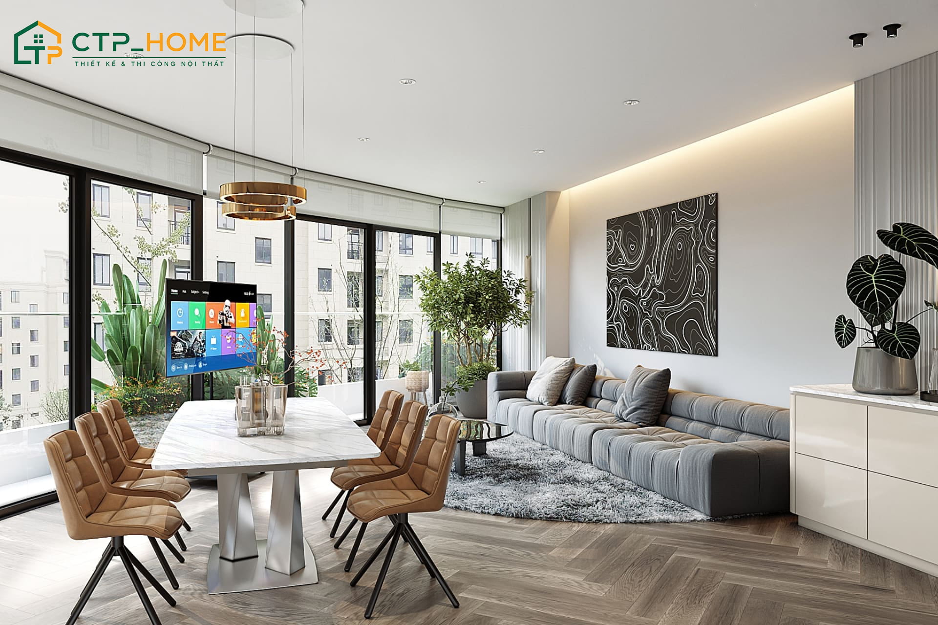 Không gian phòng khách 45m2 đủ rộng để bố trí sofa chữ U có kích thước lớn