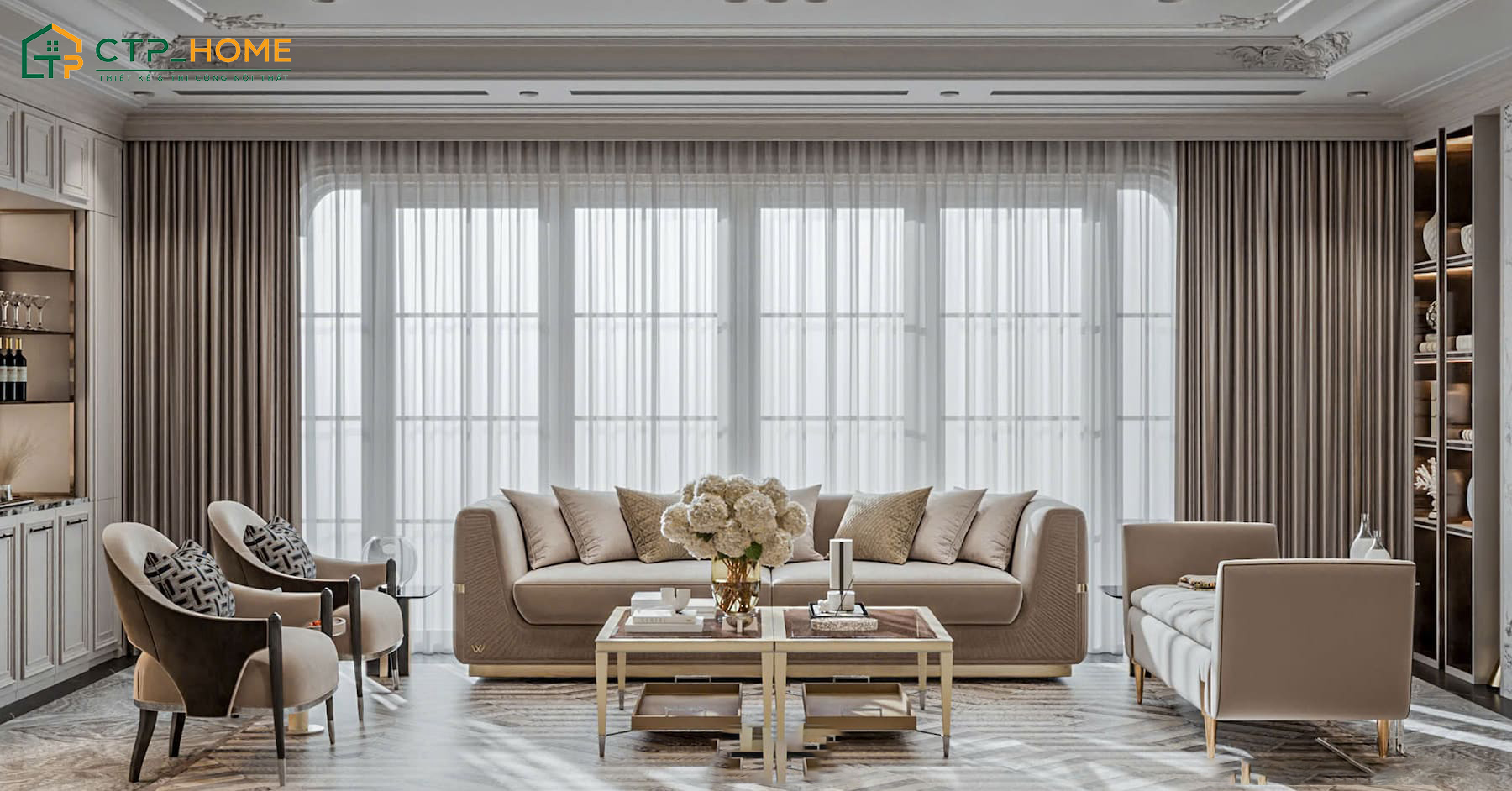 Mẫu thiết kế phòng khách chung cư đẹp diện tích 50m2 sử dụng sofa bằng da cao cấp