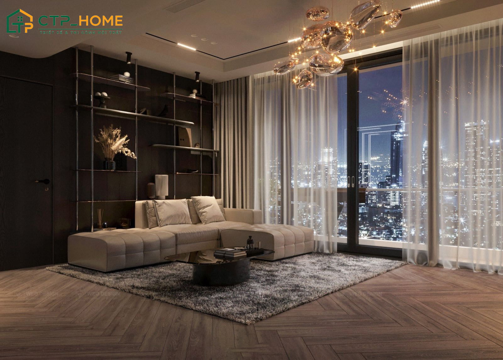 Nội thất phòng khách 60m2 có thiết kế hiện đại, tiện nghi với những chất liệu có độ bền cao