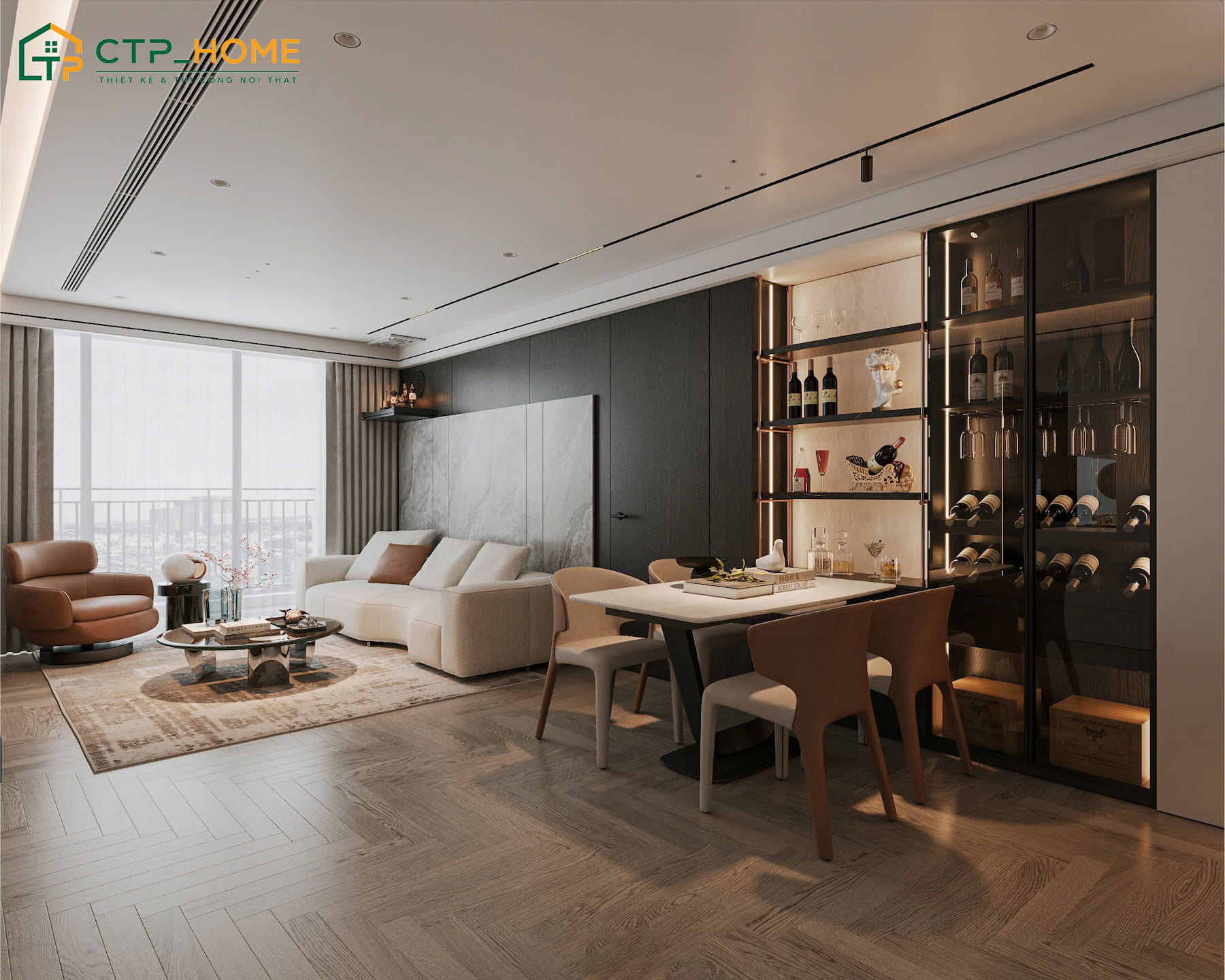 Nội thất phòng khách có thiết kế tối giản nhưng cực kỳ sang trọng và thu hút