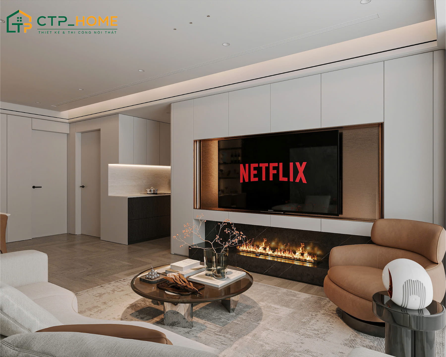Bàn trà được bố trí cân đối giữa kệ tivi và sofa tạo cảm giác thoải mái khi sử dụng