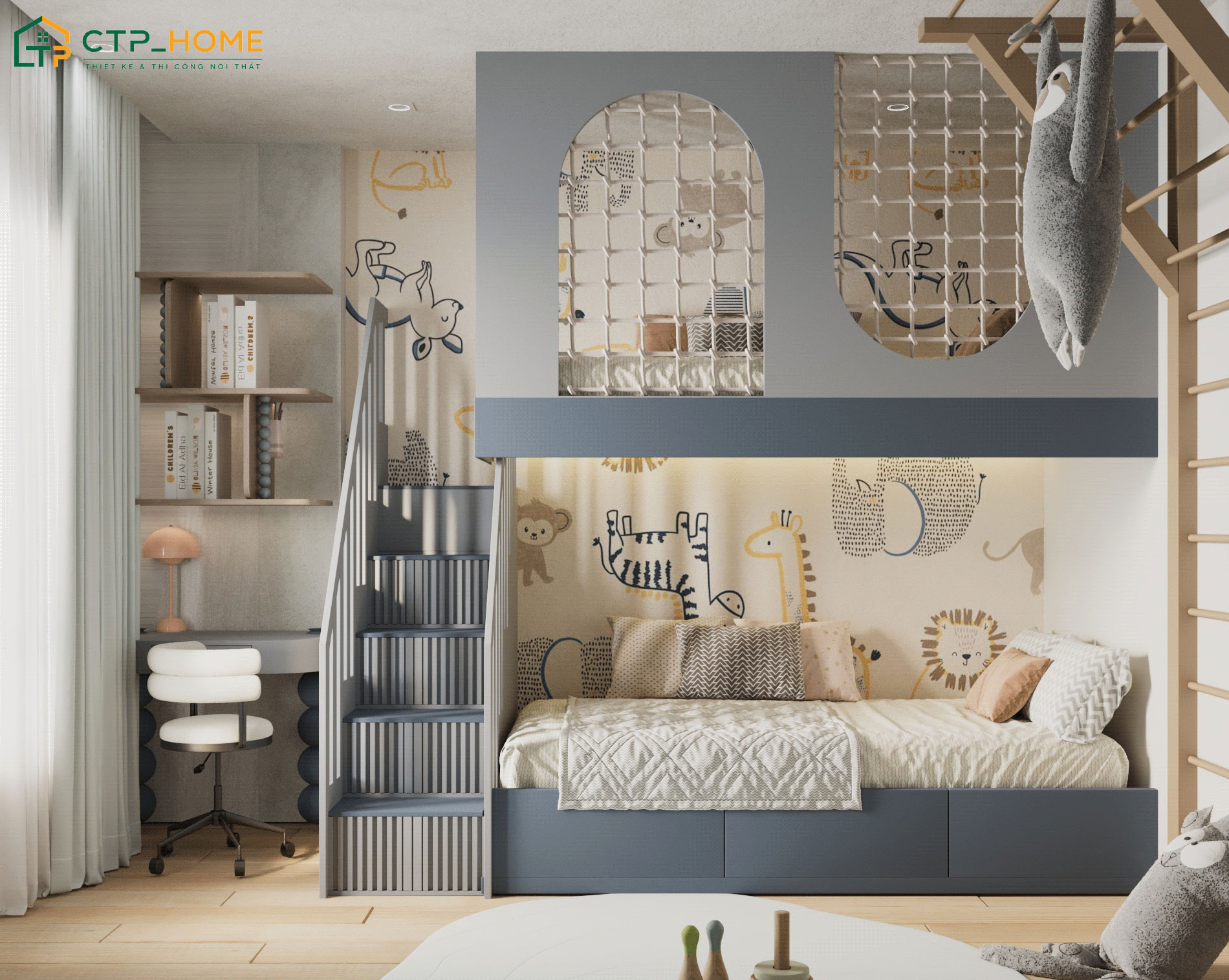 Mẫu thiết kế phòng ngủ chung cư cho bé trai, phù hợp với gia đình đông thành viên