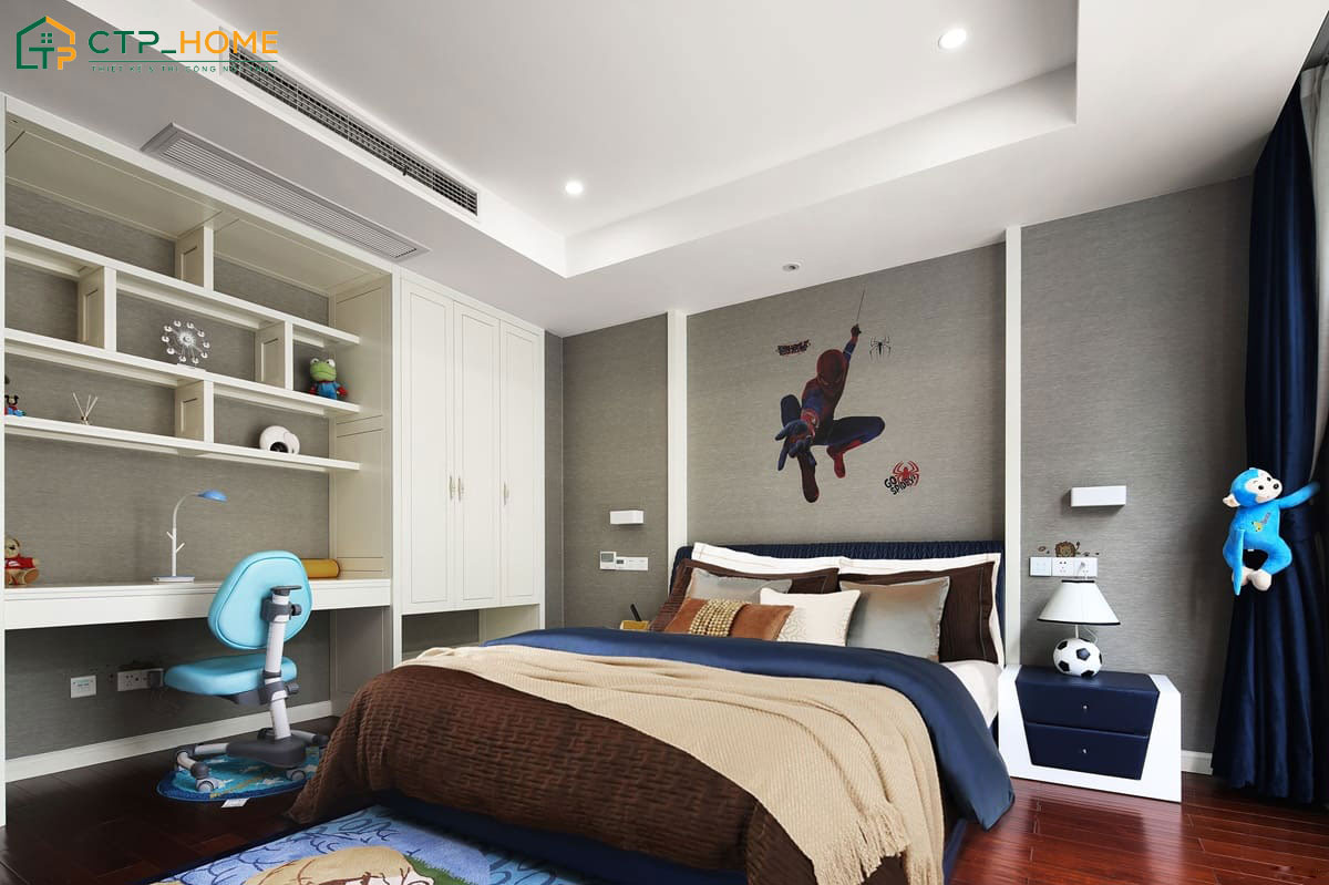Mẫu phòng ngủ căn hộ chung cư cho bé trai đẹp, có góc học tập riêng