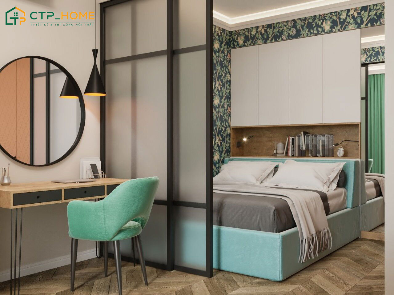 Mẫu phòng ngủ chung cư mini tách biệt không gian nghỉ ngơi với làm việc bằng một vách ngăn