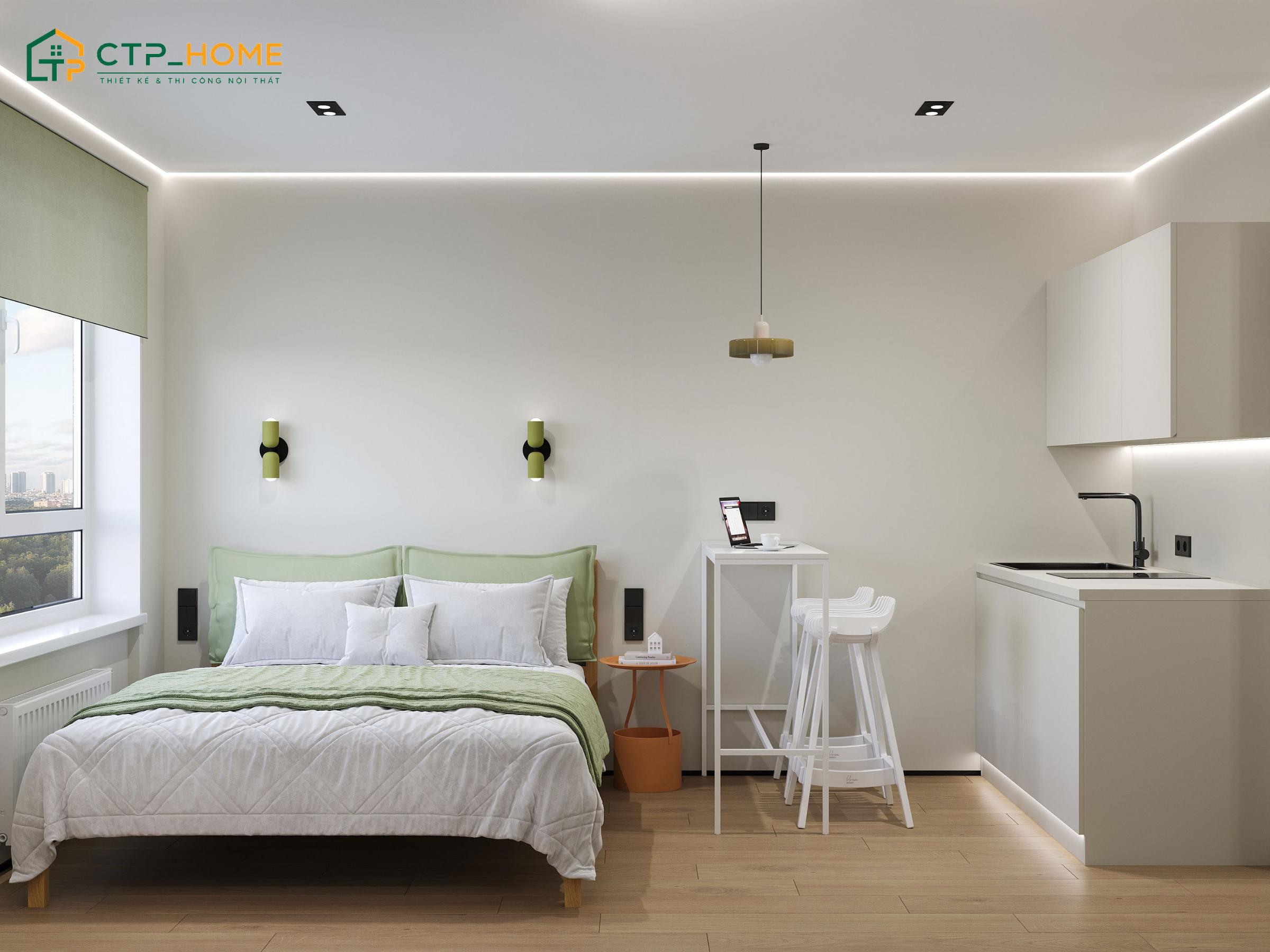 Mẫu thiết kế phòng ngủ căn hộ chung cư hiện đại, có khu vực làm việc riêng