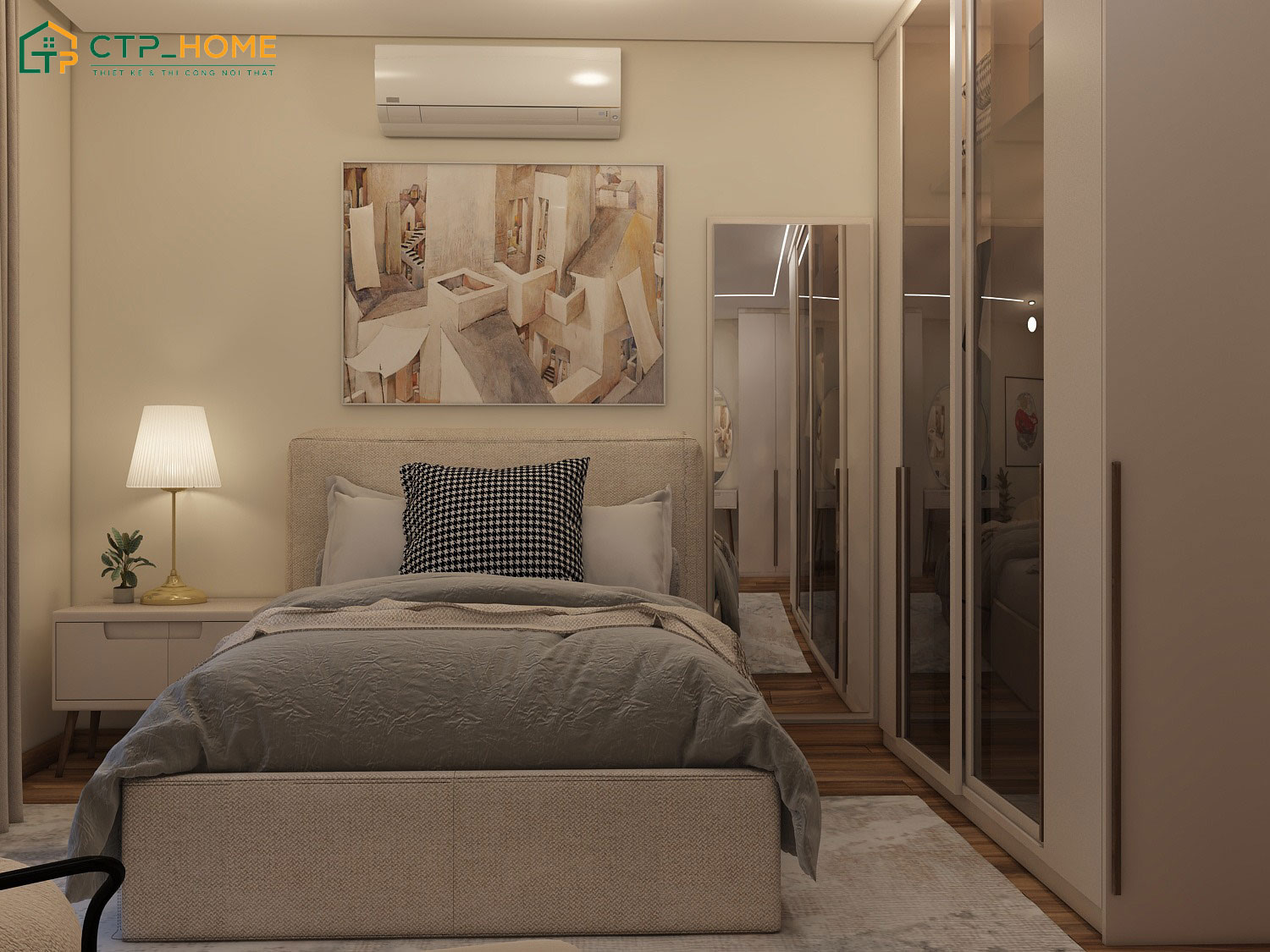 Mẫu thiết kế phòng ngủ chung cư mini đẹp, sử dụng tủ âm tường để tiết kiệm diện tích
