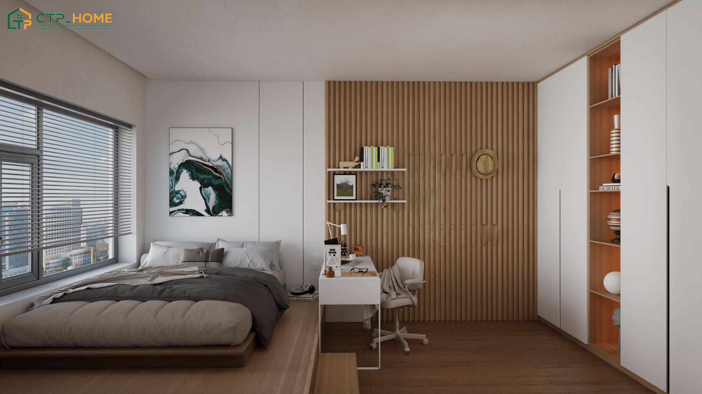 Mẫu thiết kế nội thất phòng ngủ chung cư phong cách tối giản với game màu be giản dị