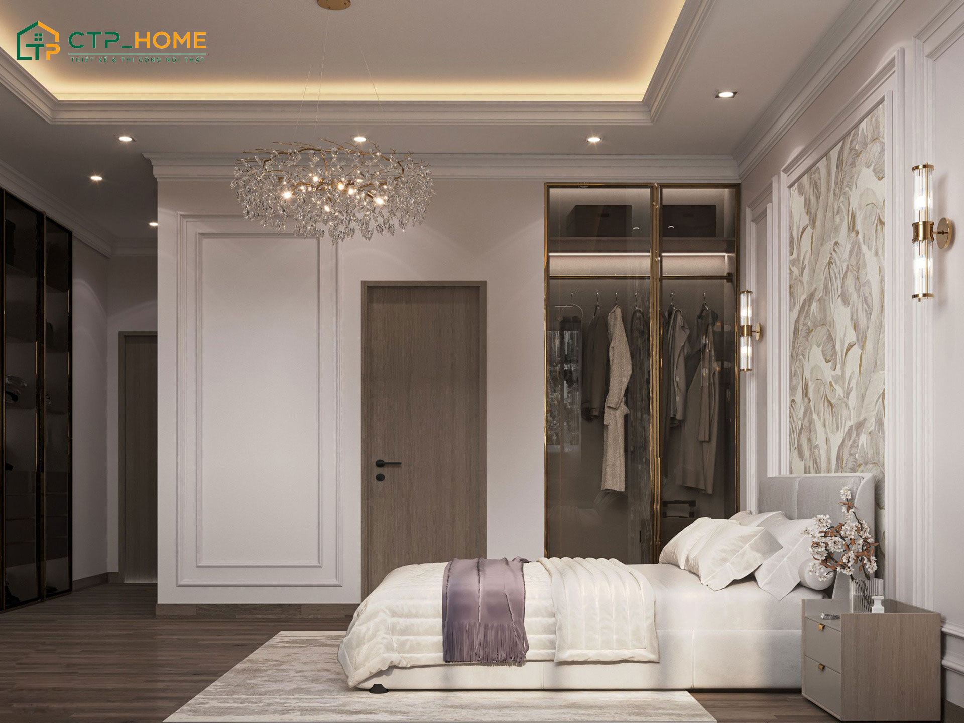 Mẫu thiết kế nội thất phòng ngủ căn hộ phong cách tân cổ điển với tone màu kem ấn tượng