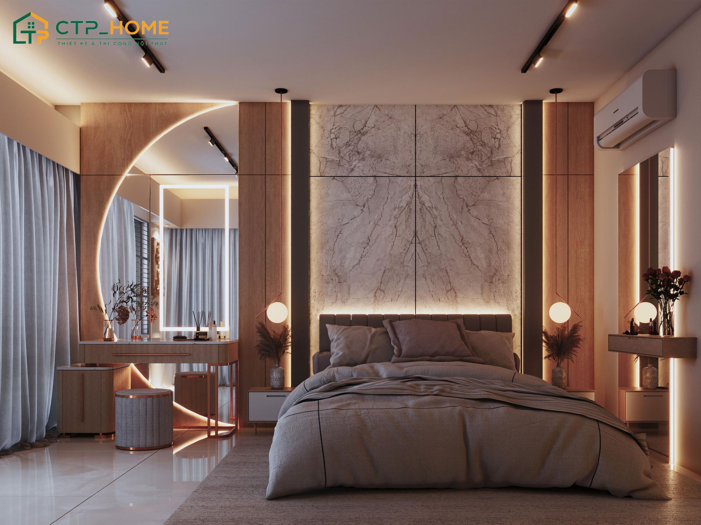 Mẫu thiết kế phòng ngủ căn hộ chung cư cực kỳ sang trọng với hệ thống đèn chiếu sáng cùng