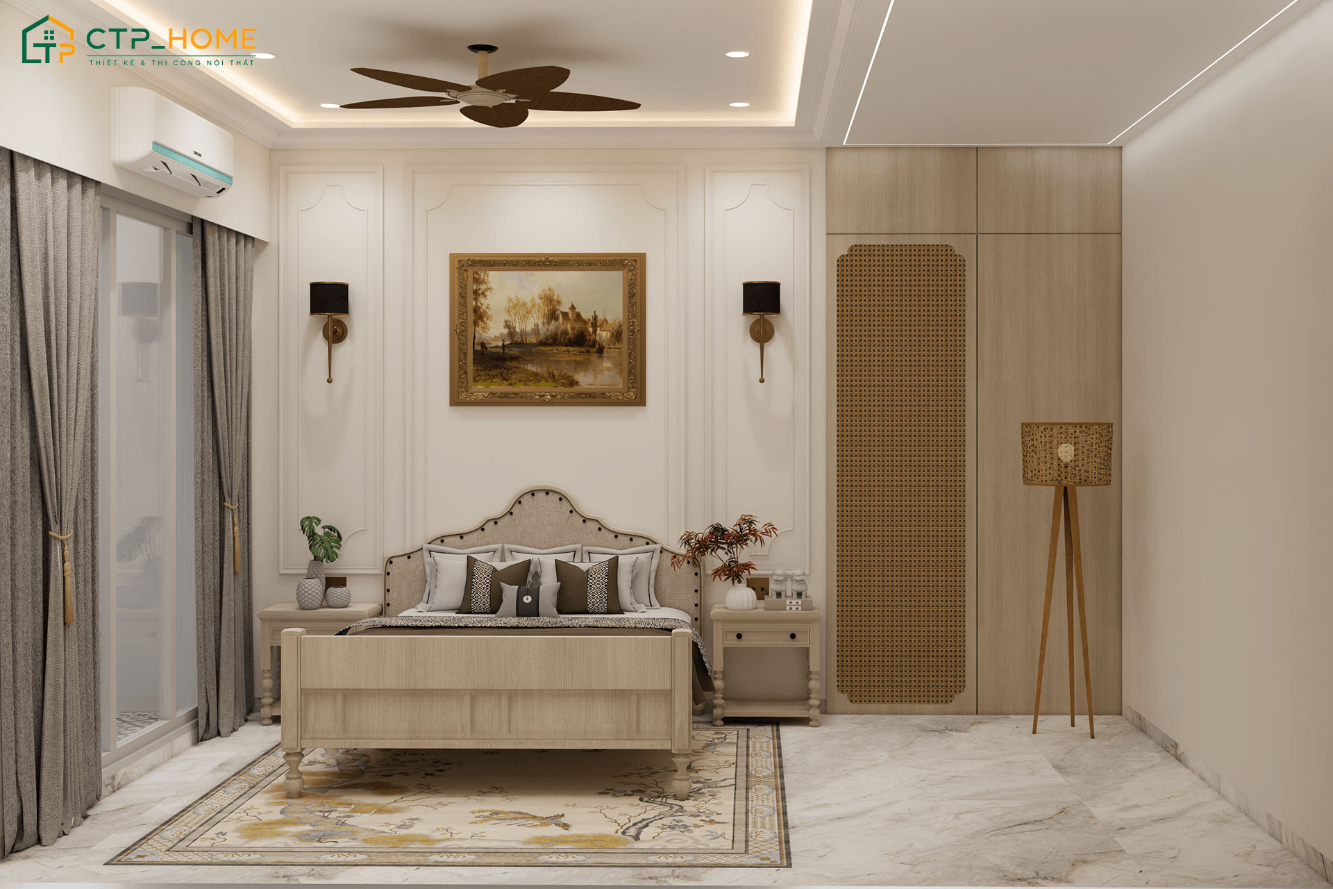 Mẫu phòng ngủ căn hộ Vintage dùng nội thất gỗ kết hợp đèn vàng với nét hoài niệm rất riêng