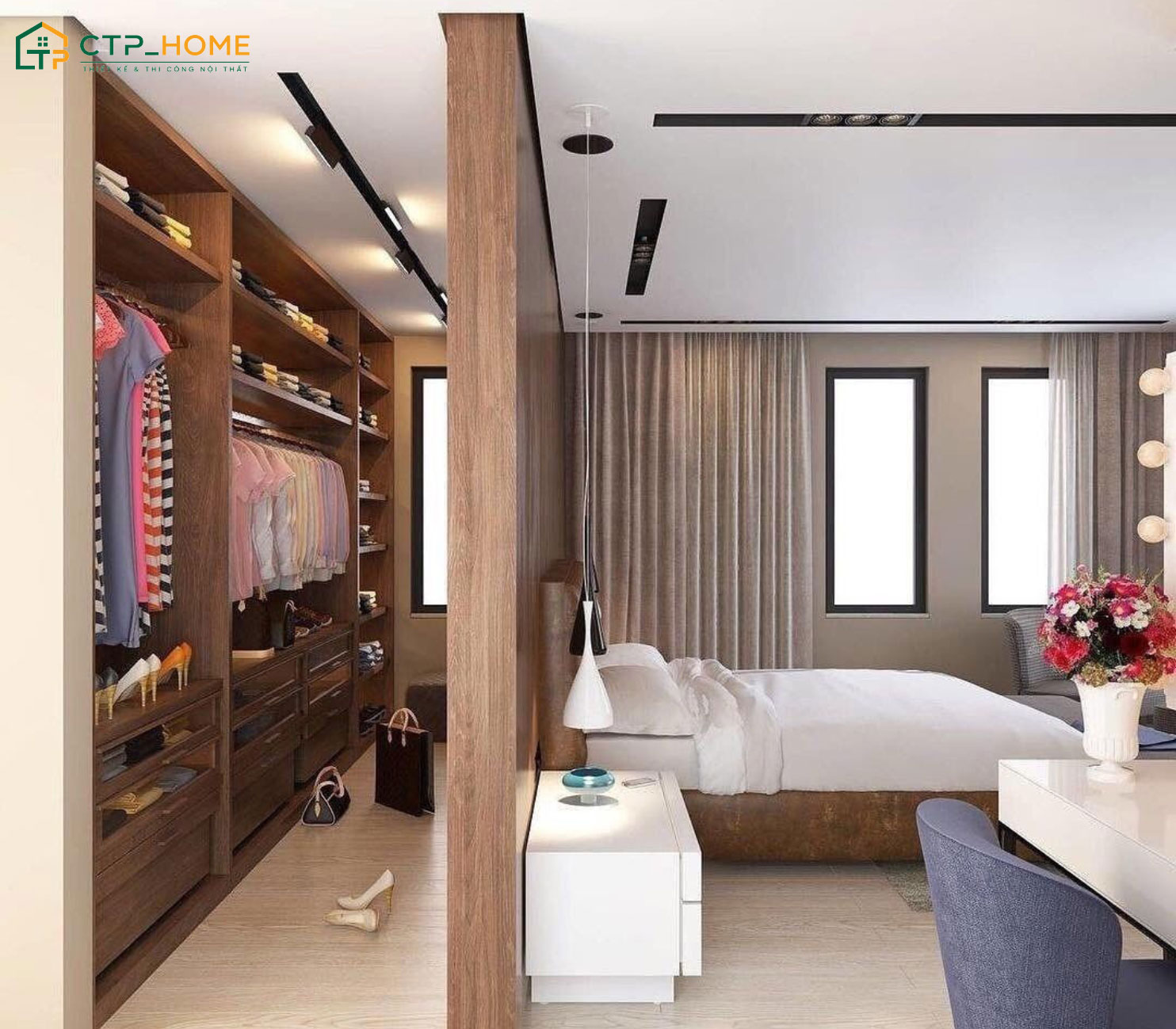 Mẫu thiết kế phòng ngủ chung cư cao cấp có phòng thay đồ riêng tư cho gia chủ