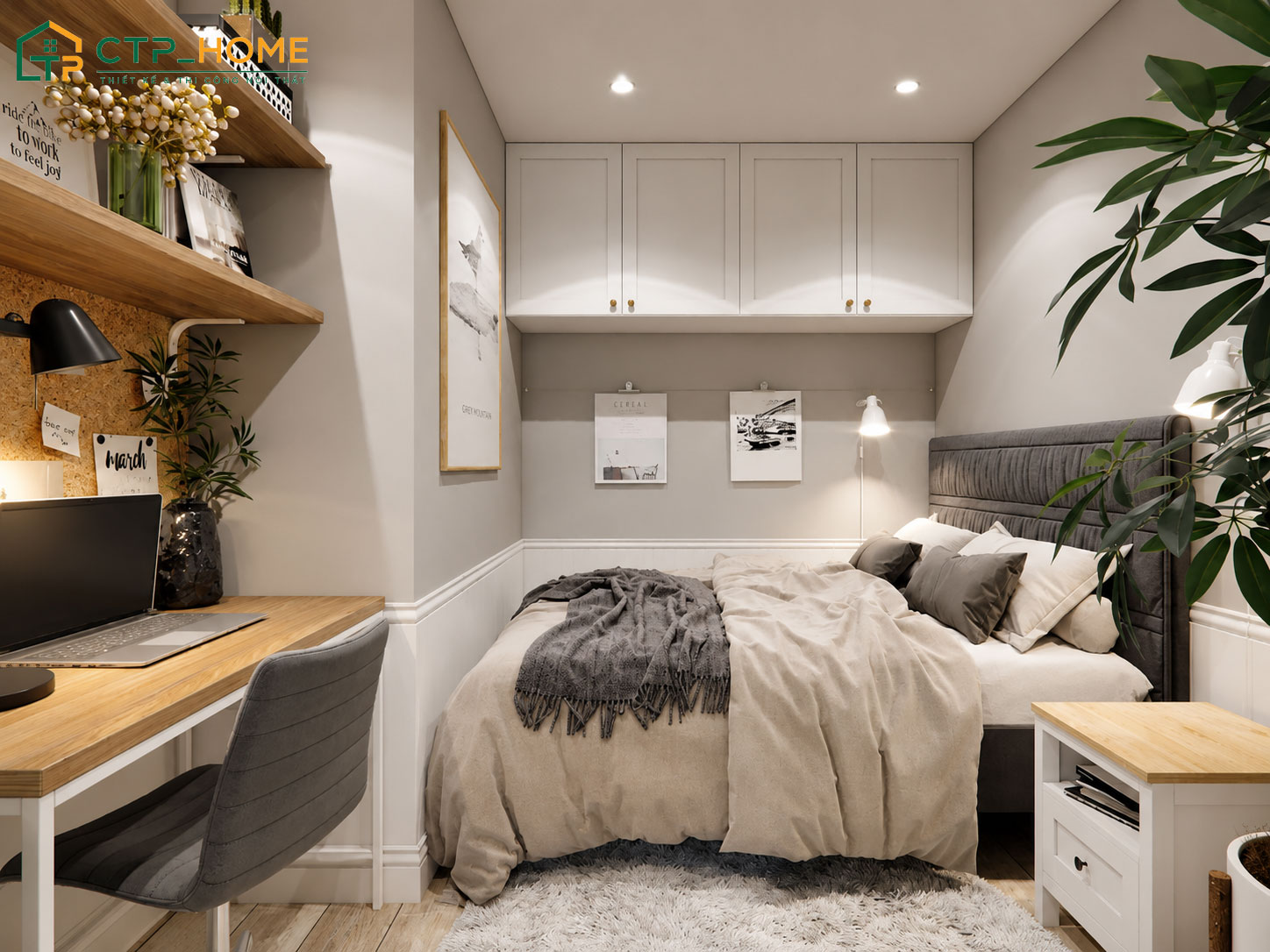 Mẫu thiết kế phòng ngủ chung cư nhỏ 10m2 với tone màu sáng kết hợp nội thất đa năng đầy đủ tiện nghi
