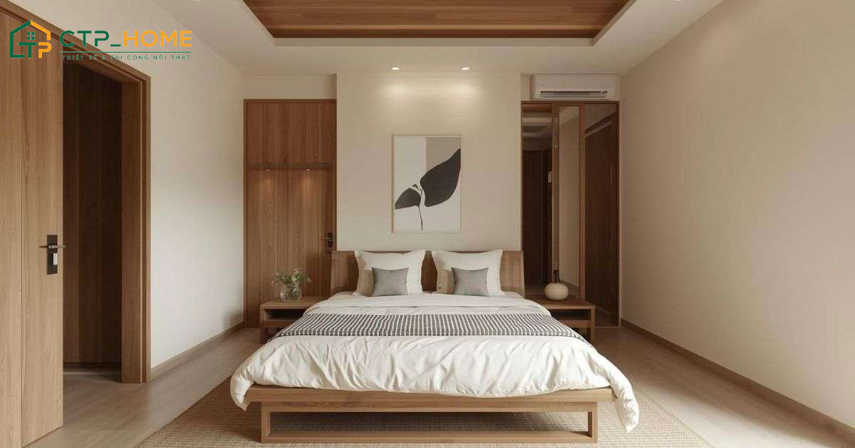 Mẫu thiết kế nội thất phòng ngủ chung cư 20m2 tối giản có khu vực thay đồ riêng tiện nghi
