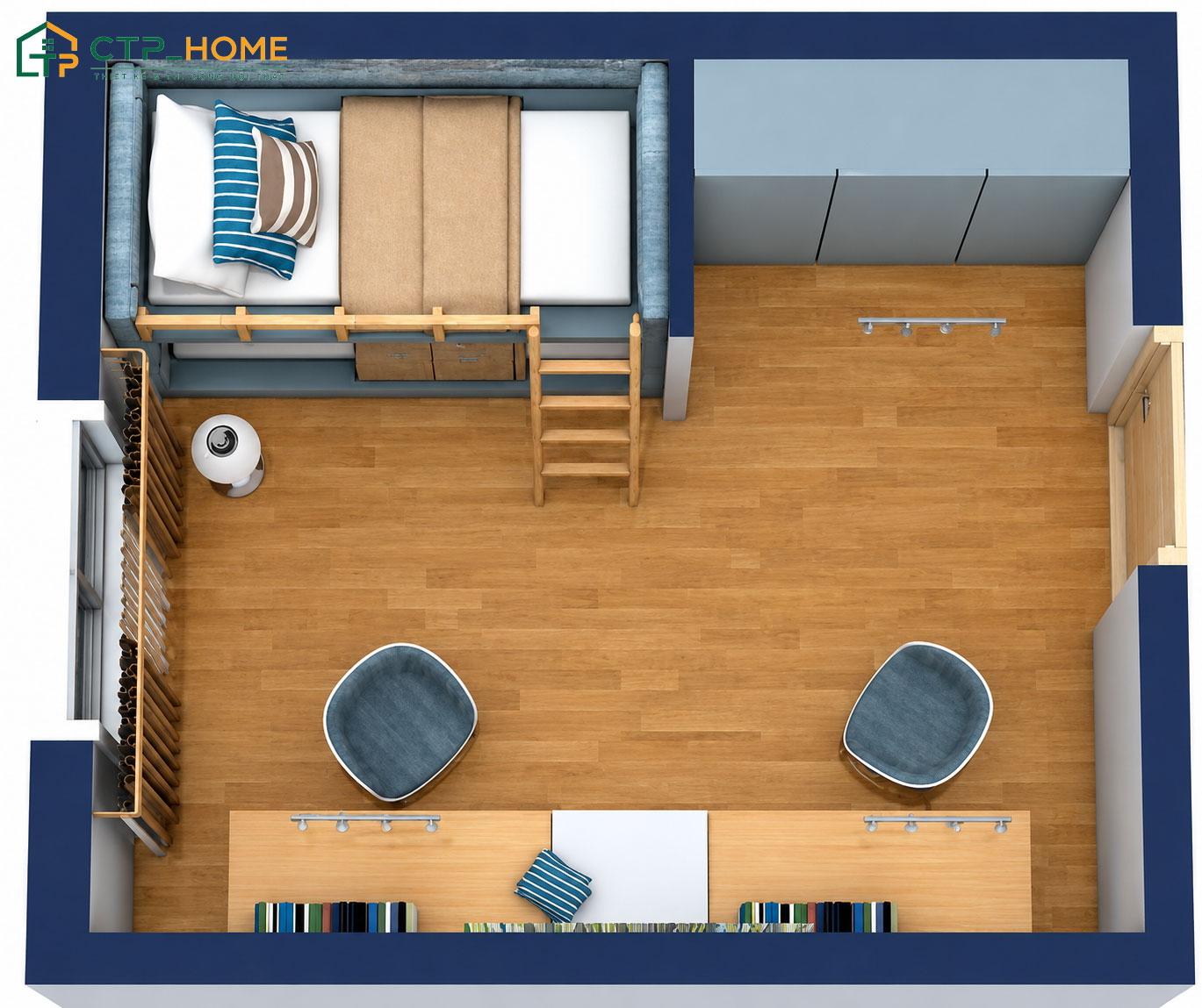 Mẫu decor phòng ngủ chung cư cho các con nhỏ có giường tầng và khu vực học tập riêng biệt