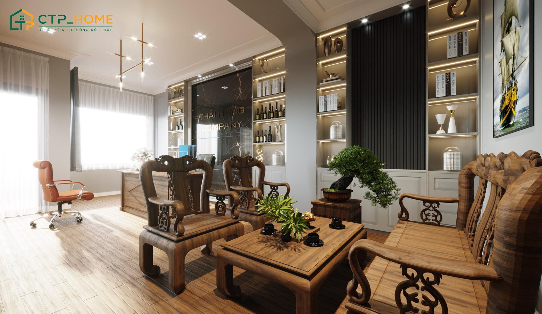 Hạng mục ốp đá, đèn LED và hoàn thiện tường phòng giám đốc được thi công cẩn thận