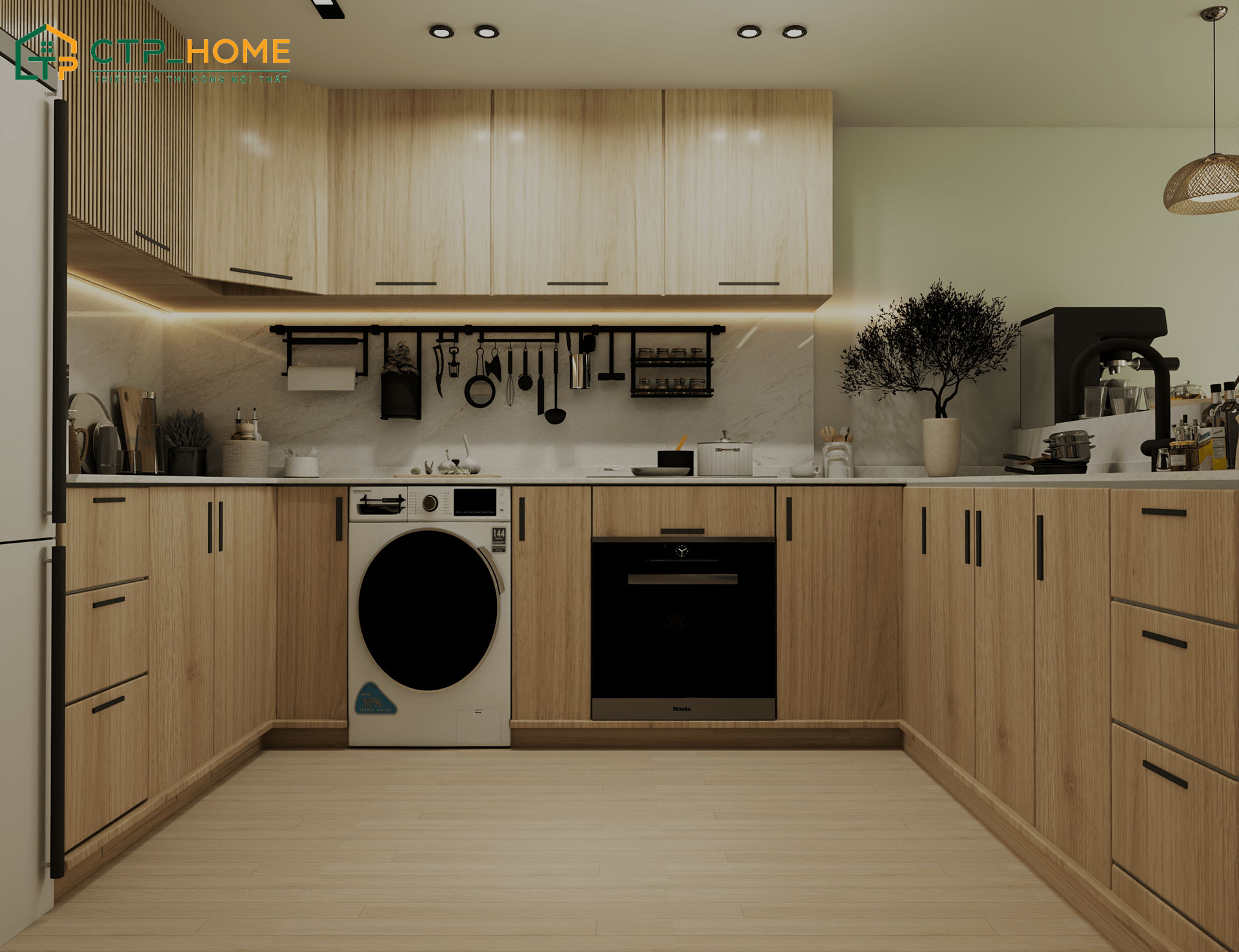 Mẫu thiết kế nội thất nhà bếp chung cư chữ U hiện đại được trang bị đầy đủ các thiết bị cơ bản