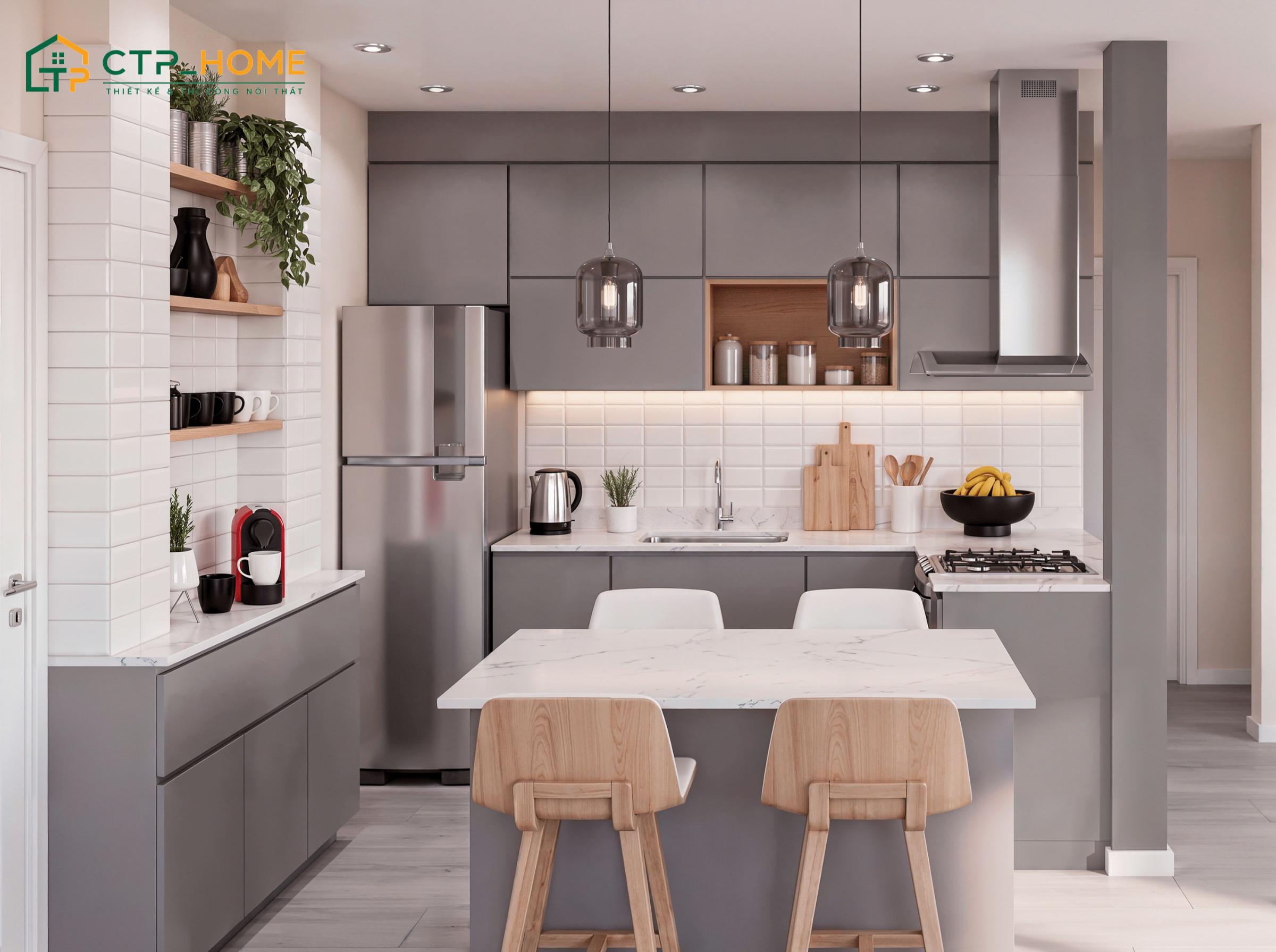 Mẫu thiết kế bếp 2 tầng đẹp, tối ưu chi phí nhưng vẫn đảm bảo đầy đủ không gian lưu trữ