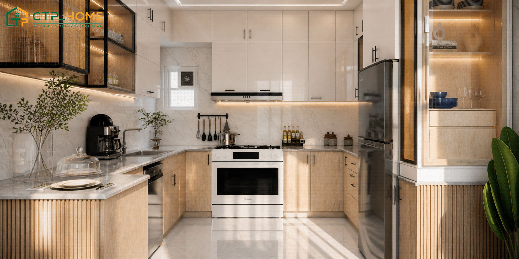 Mẫu thiết kế nội thất nhà bếp chung cư 2 tầng bằng Acrylic chống xước hiệu quả