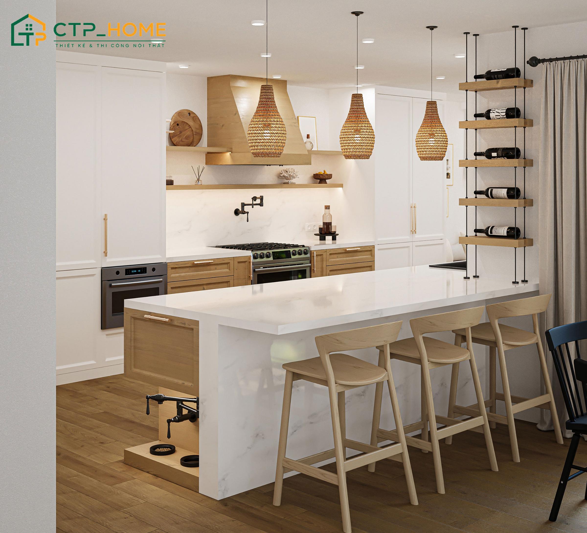 Mẫu thiết kế bếp chung cư chữ U có bàn đảo tích hợp bàn ăn tiện lợi và sang trọng