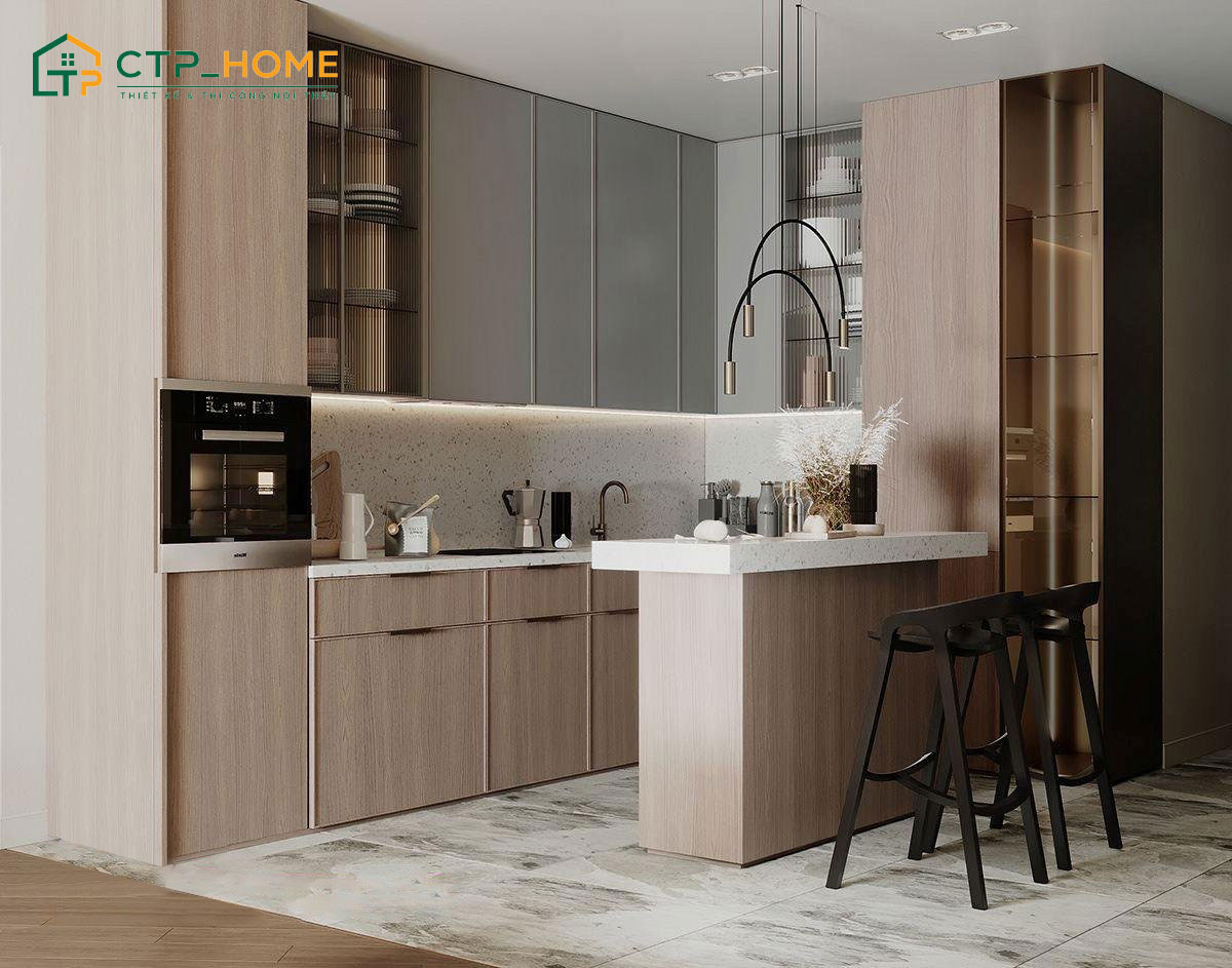 Mẫu thiết kế phòng bếp chung cư đẹp có bàn đảo tích hợp bàn ăn phù hợp với gia đình ít thành viên