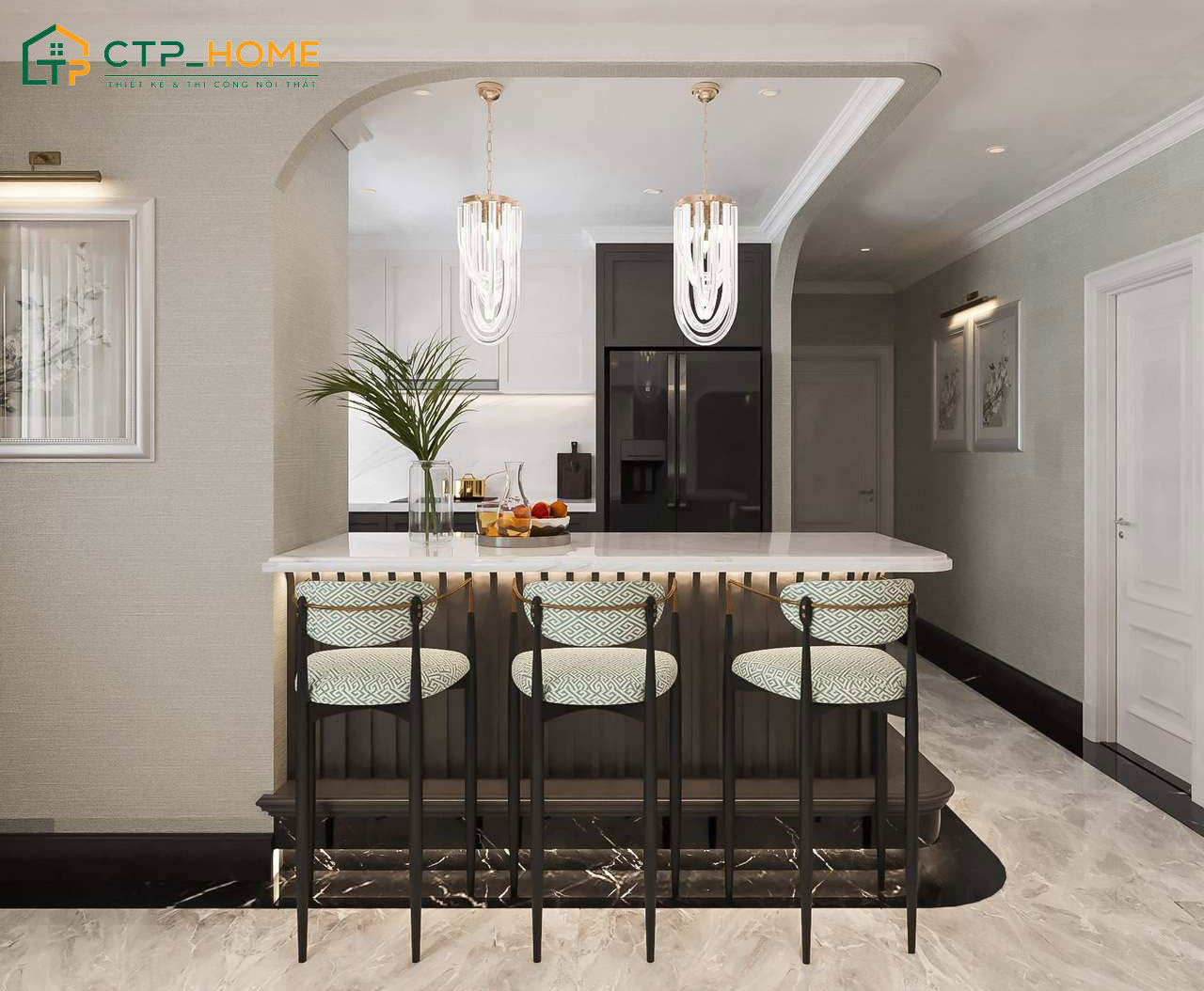 Mẫu nội thất bếp chung cư có quầy bar làm vách ngăn giữa phòng bếp và phòng khách