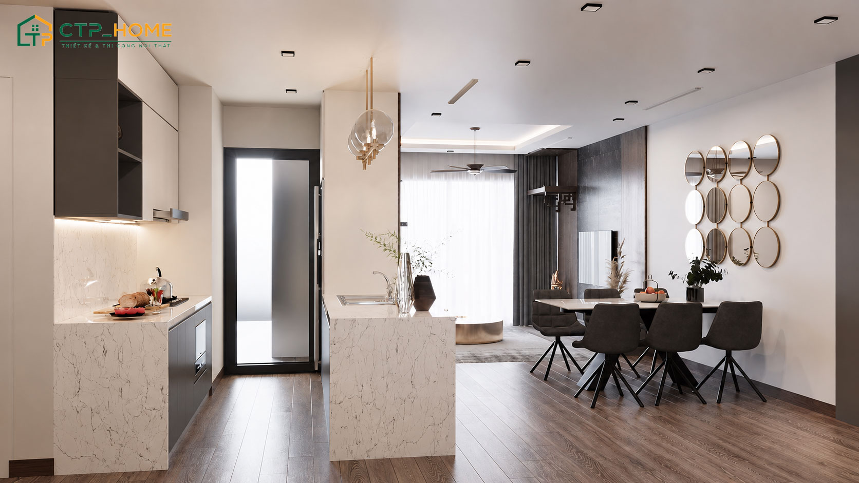 Mẫu thiết kế bếp nhỏ gọn phong cách hiện đại đồng bộ với tổng thể căn hộ