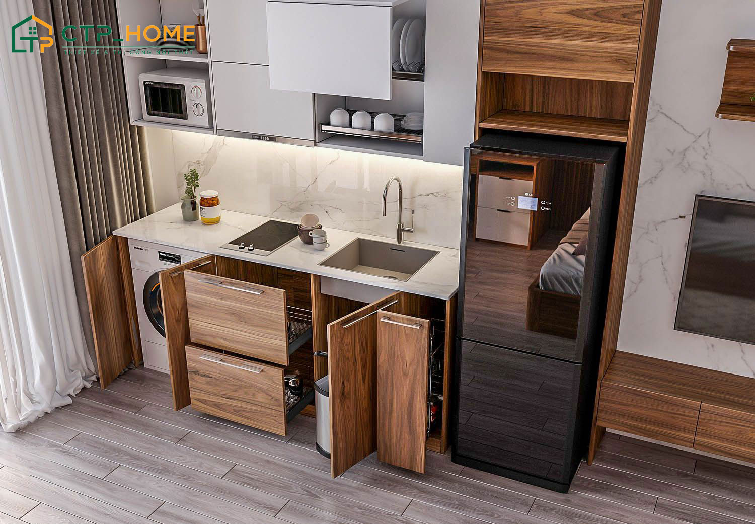 Mẫu thiết kế nội thất nhà bếp chung cư 1 phòng ngủ có bàn đảo ngăn cách phòng khách với phòng bếp