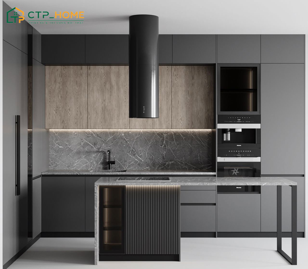 Mẫu thiết kế bếp tối giản có quầy bar cho căn hộ 3 phòng ngủ