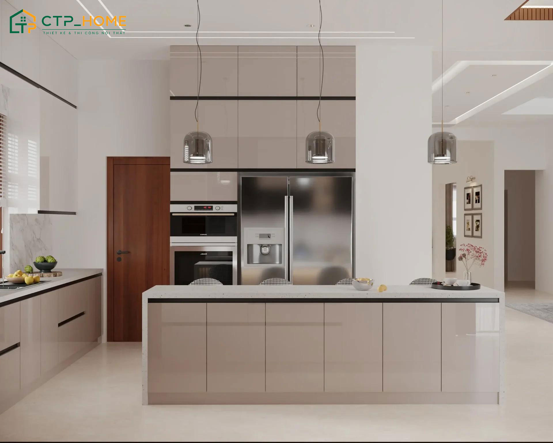 Mẫu bếp phong cách hiện đại với 2 gam màu trắng và xám làm chủ đạo