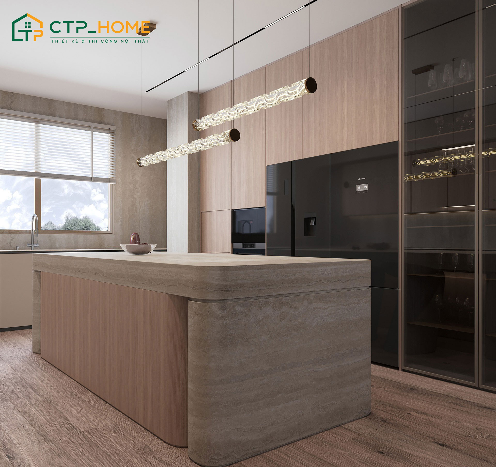 Mẫu thiết kế nội thất bếp chung cư phong cách tối giản tích hợp bếp nấu và bàn đảo