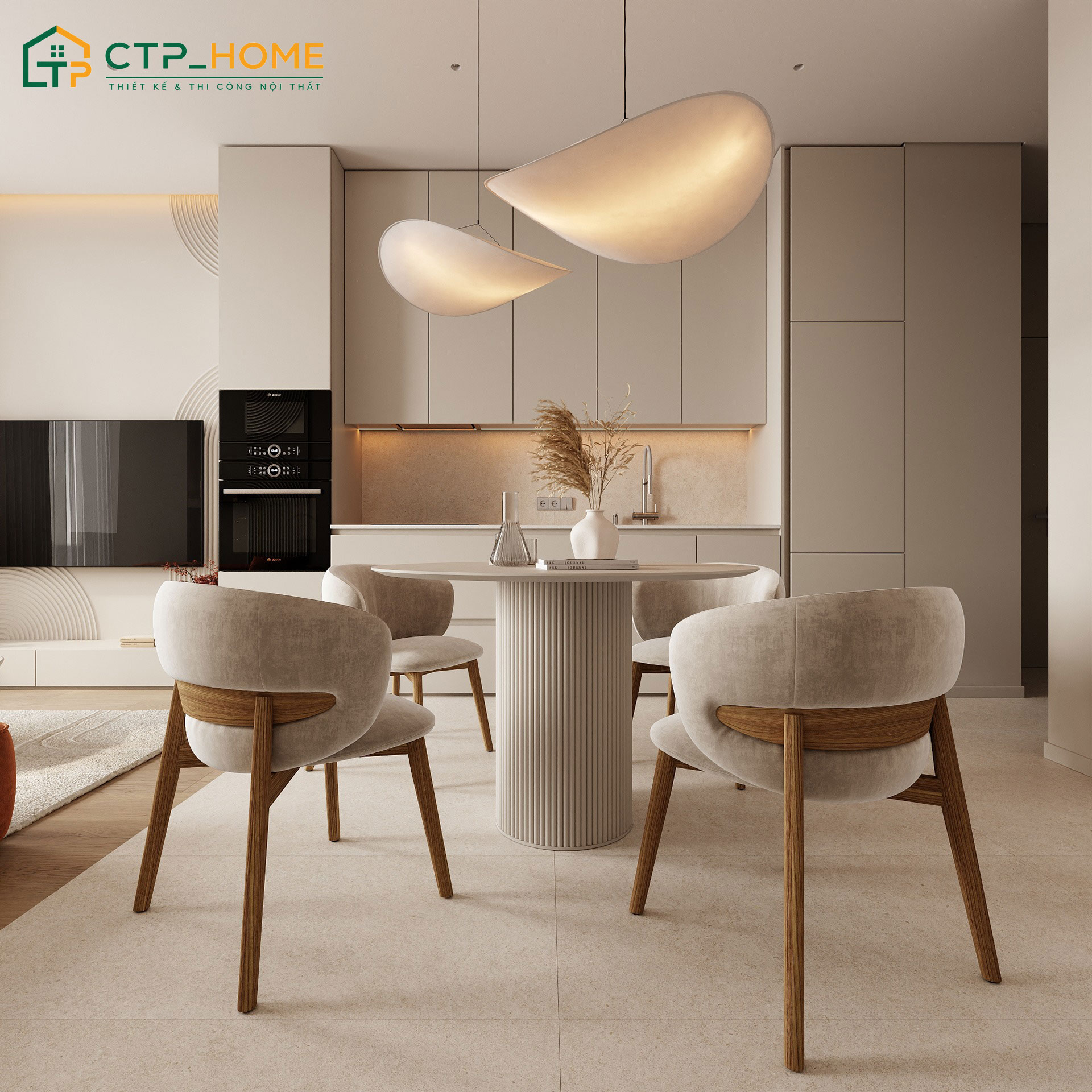 Mẫu thiết kế bếp ăn chung cư tối giản sẽ phù hợp với những gia đình yêu thích nét đẹp dịu nhẹ