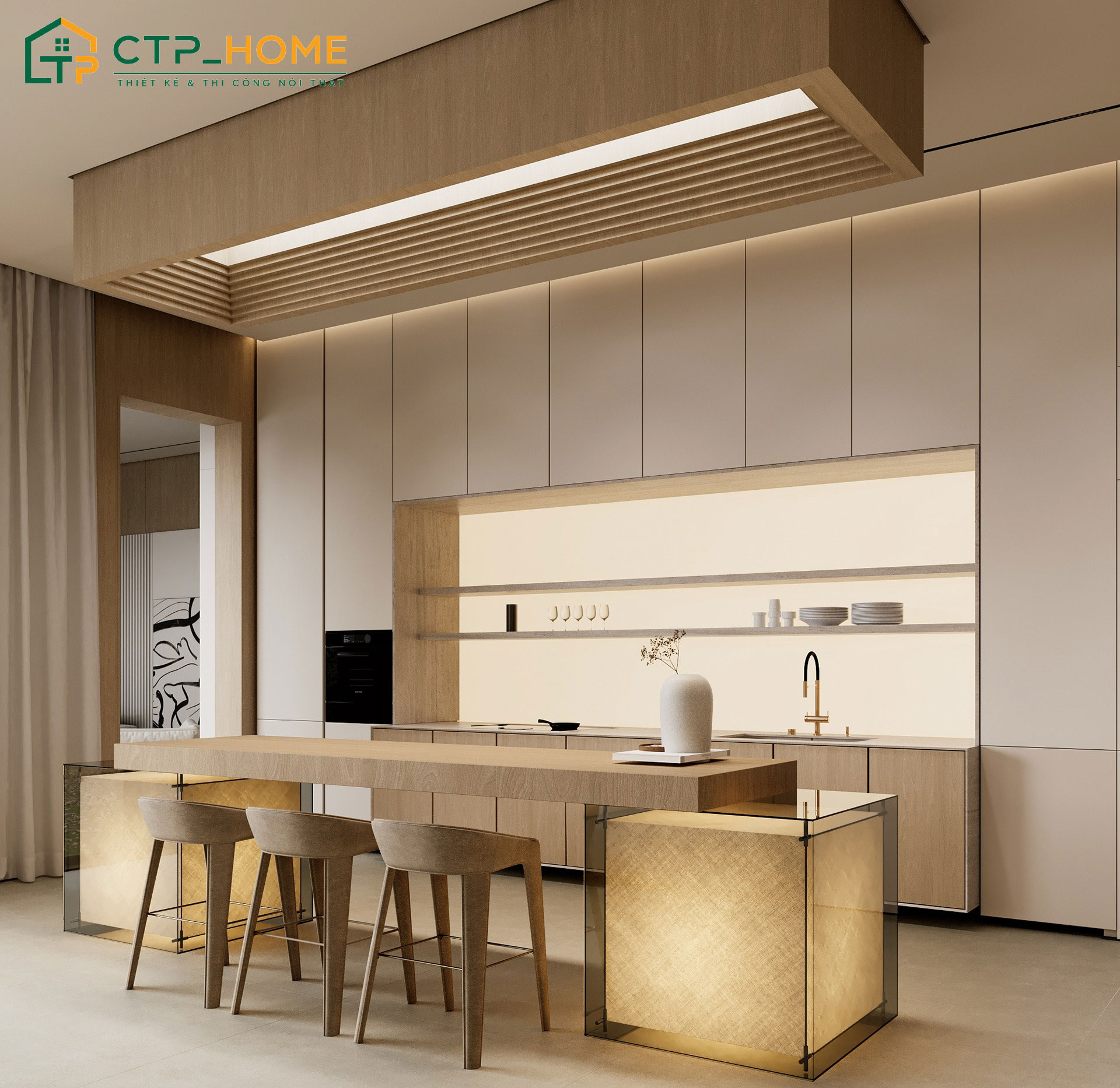 Mẫu thiết kế bếp chung cư phong cách tối giản, nhỏ gọn mà đầy đủ tiện nghi