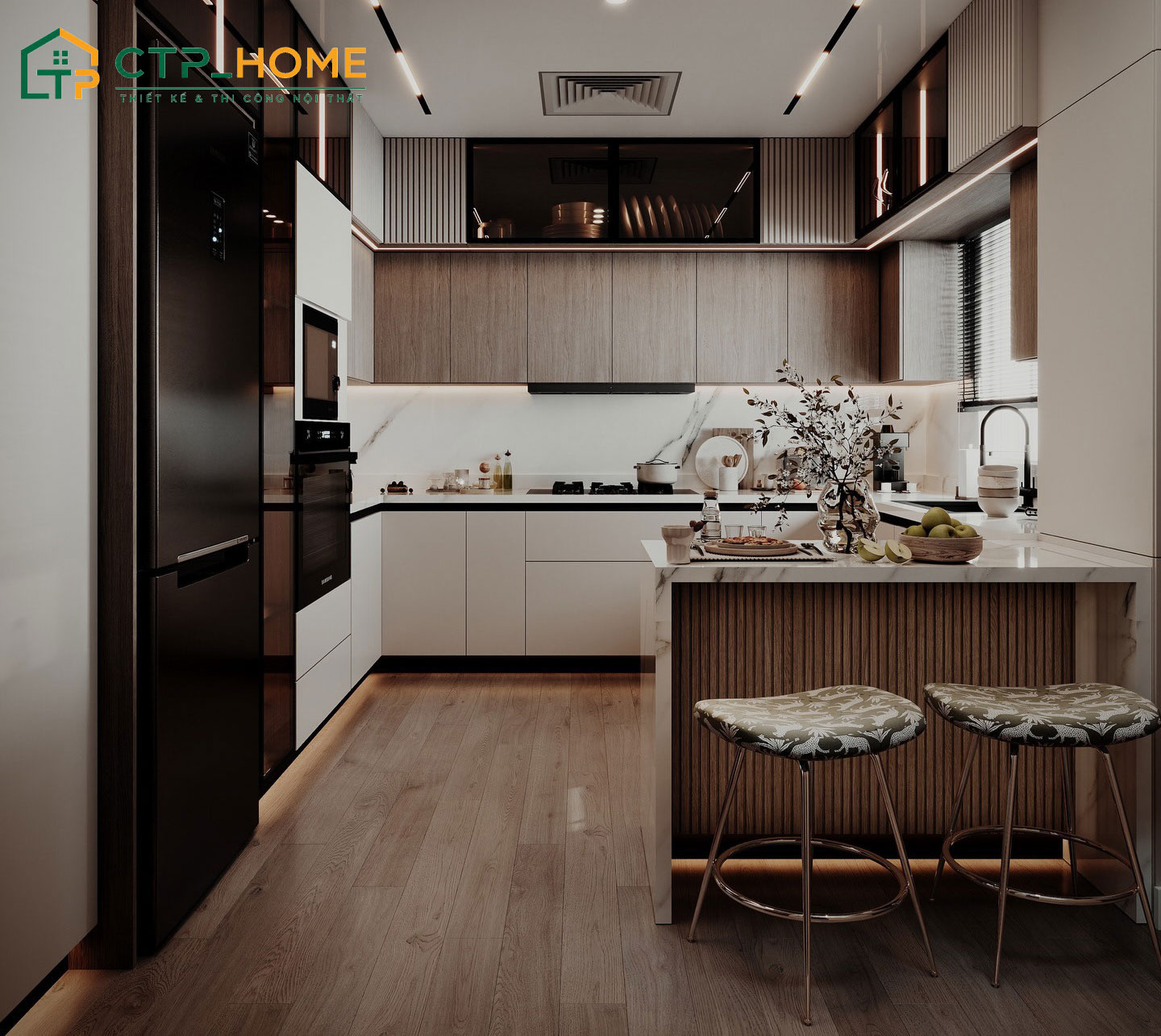 Mẫu phòng bếp chung cư phong cách Luxury với vật liệu bền đẹp và có giá thành cao