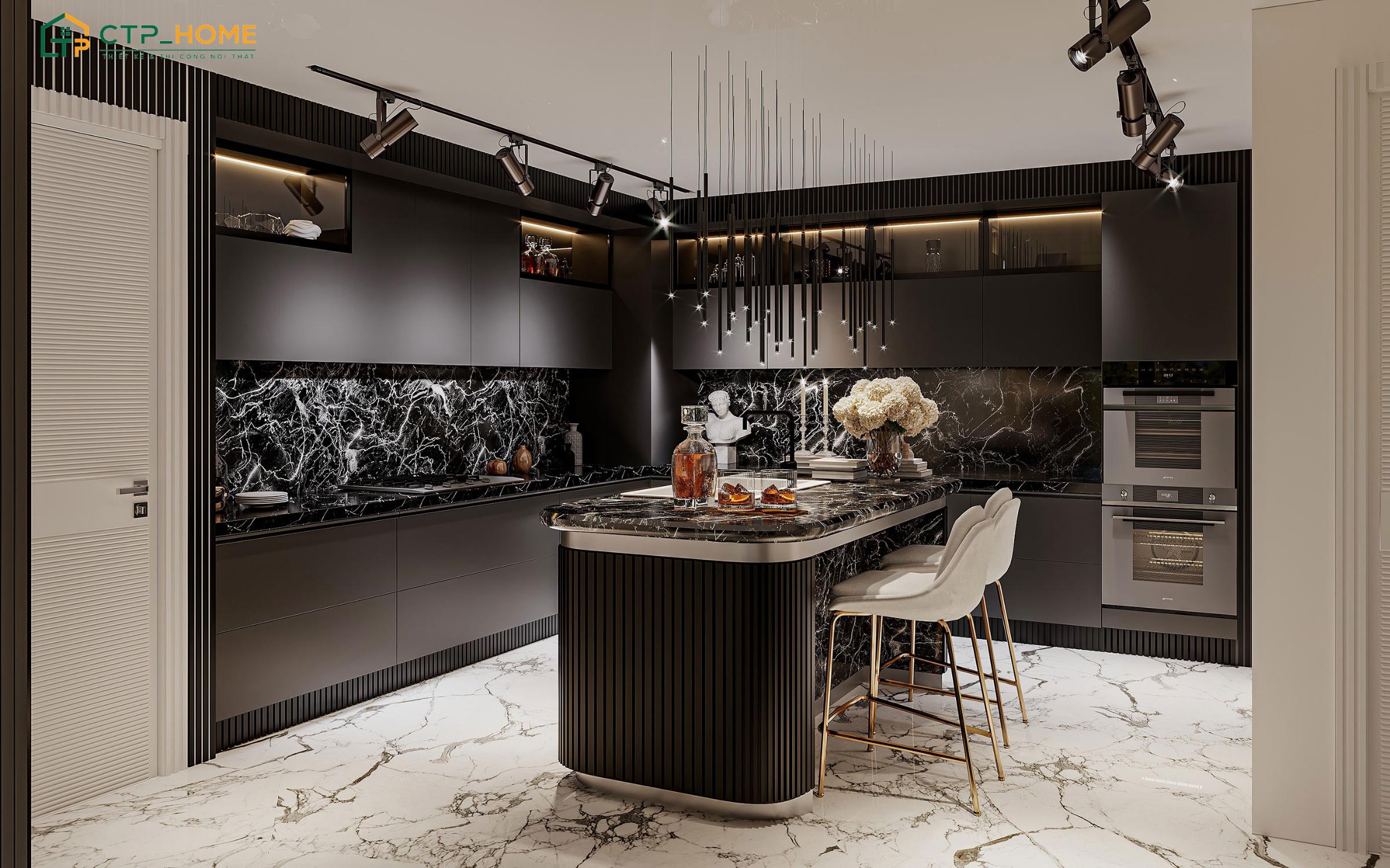 Mẫu thiết kế bếp Luxury theo nguyên tắc tam giác giúp đảm bảo sự thuận tiện khi đưa vào sử dụng