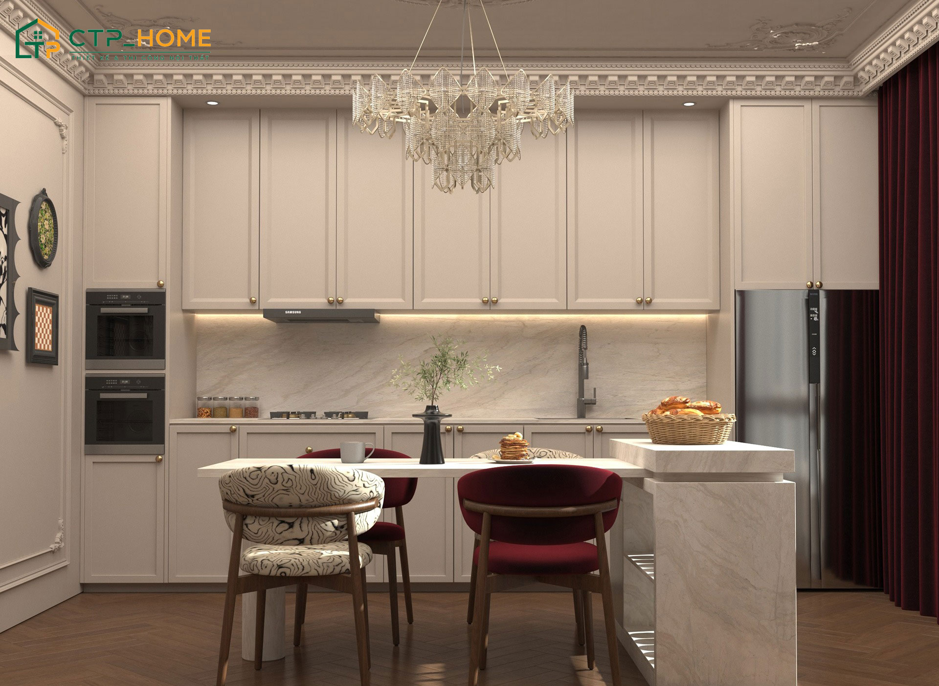 Mẫu thiết kế nội thất nhà bếp chung cư tân cổ điển sẽ đem lại không gian ấm cúng cho cả gia đình