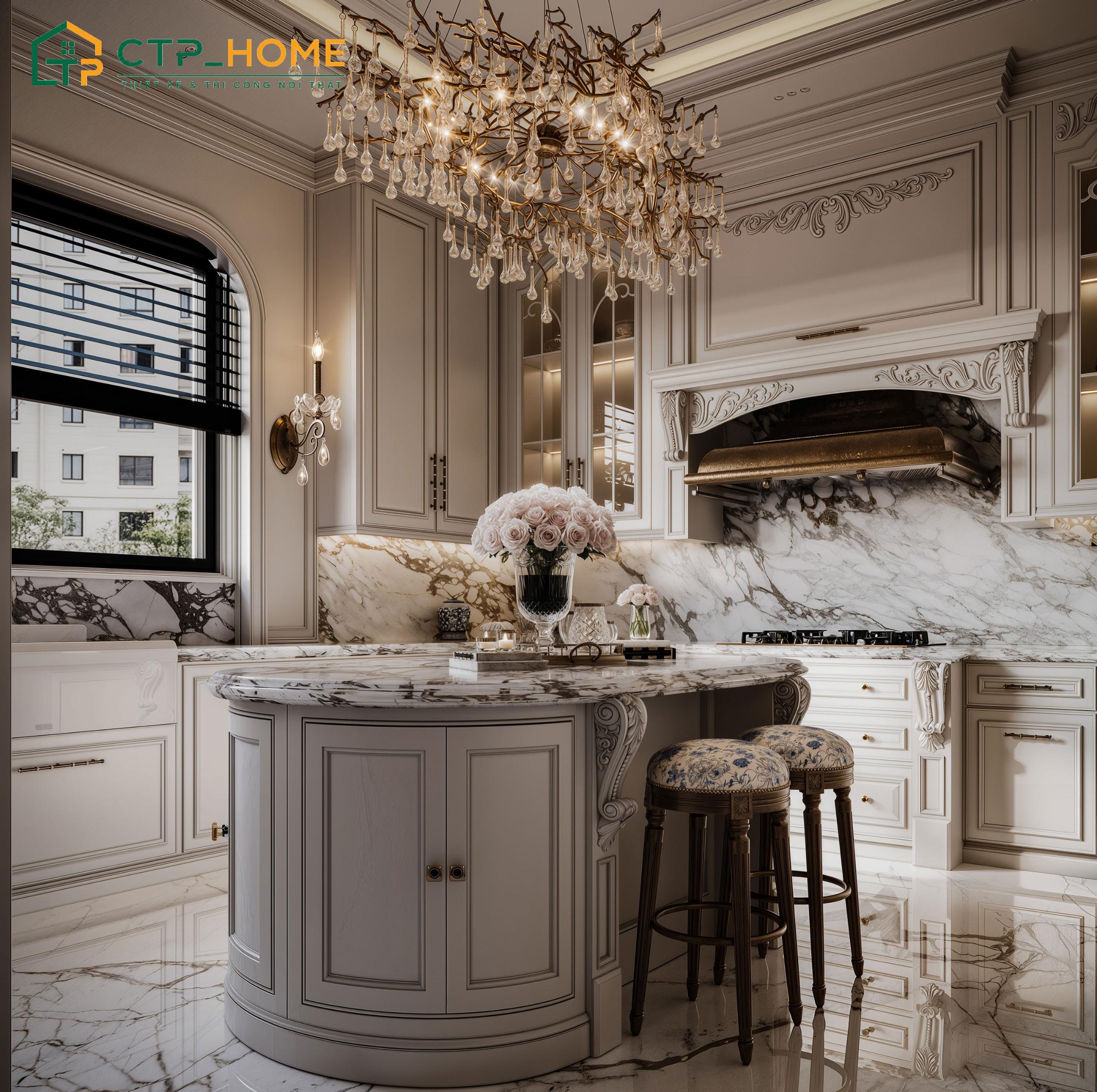 Mẫu thiết kế bếp chung cư phong cách tân cổ điển nổi bật với nhiều họa tiết hoa văn trang trí