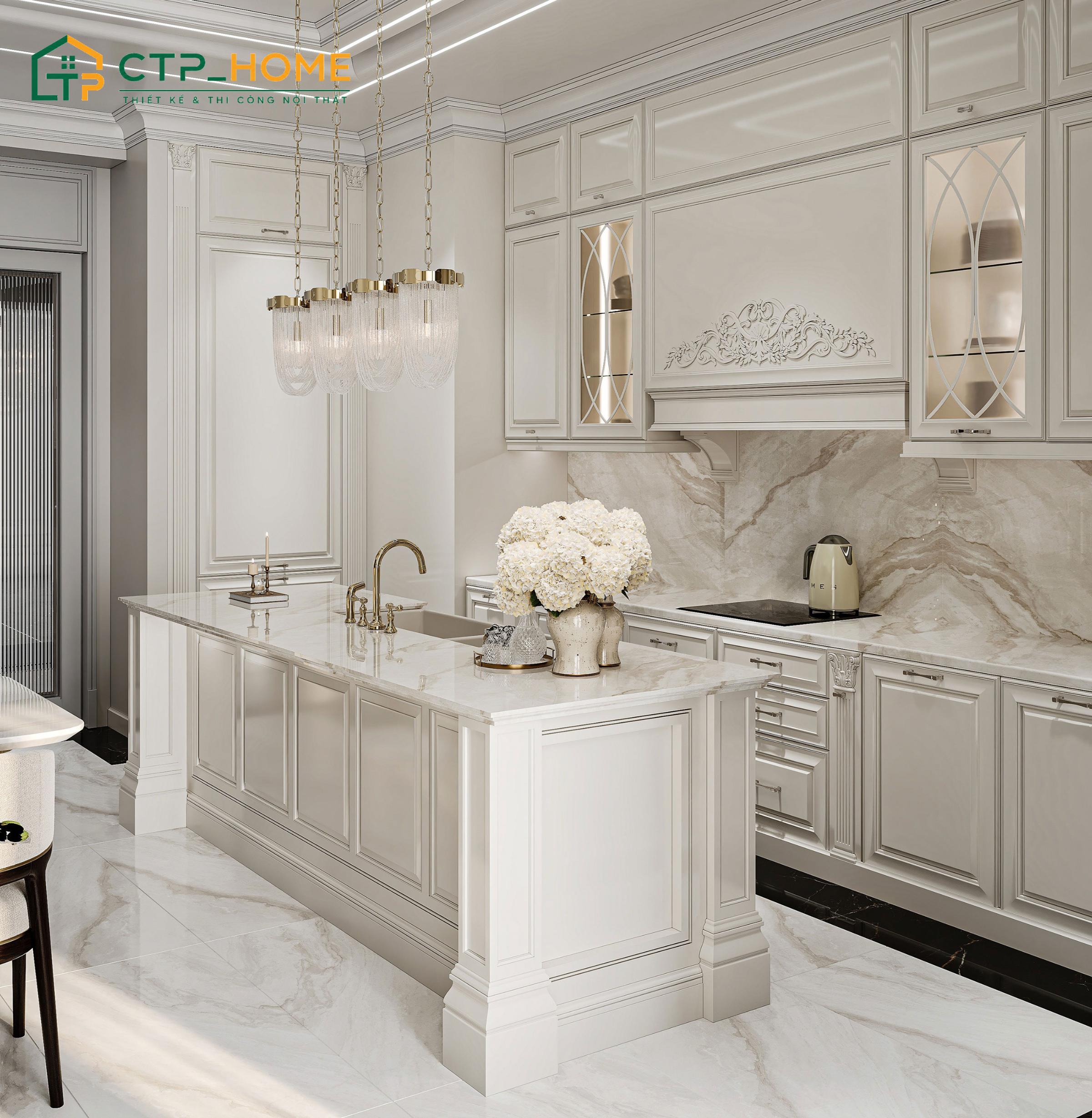 Mẫu nội thất bếp chung cư tân cổ điển sẽ sử dụng các vật liệu cao cấp, giá thành cao